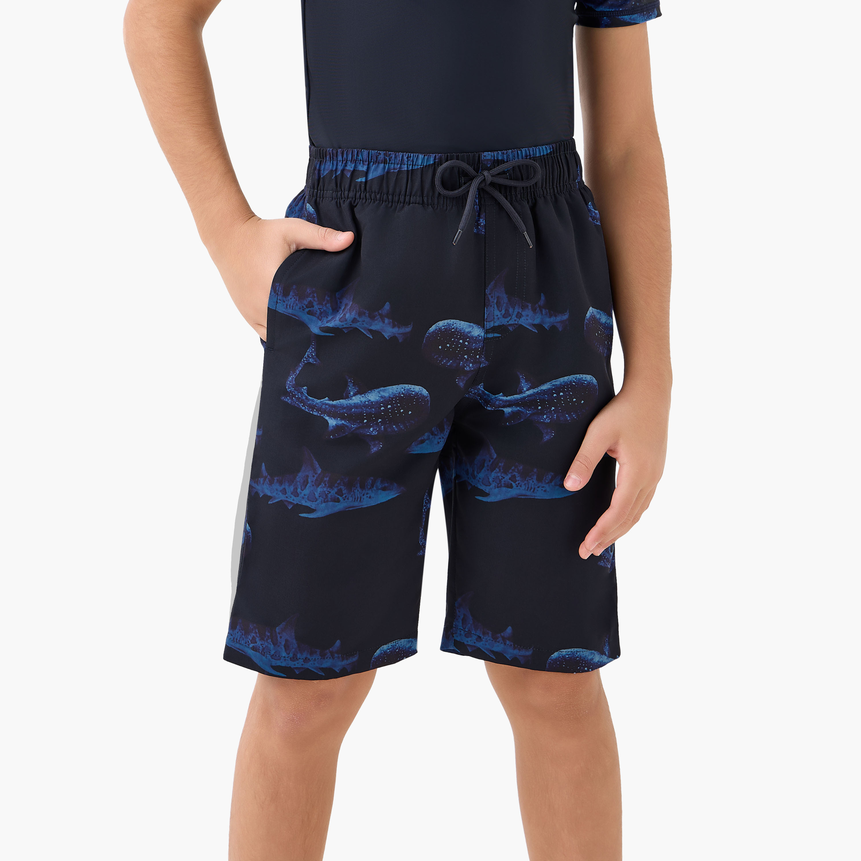 Juniors Round Neck Short Sleeves Rash Guard Set with Shark Print-sports-boys-clothing-swimwear-image-3