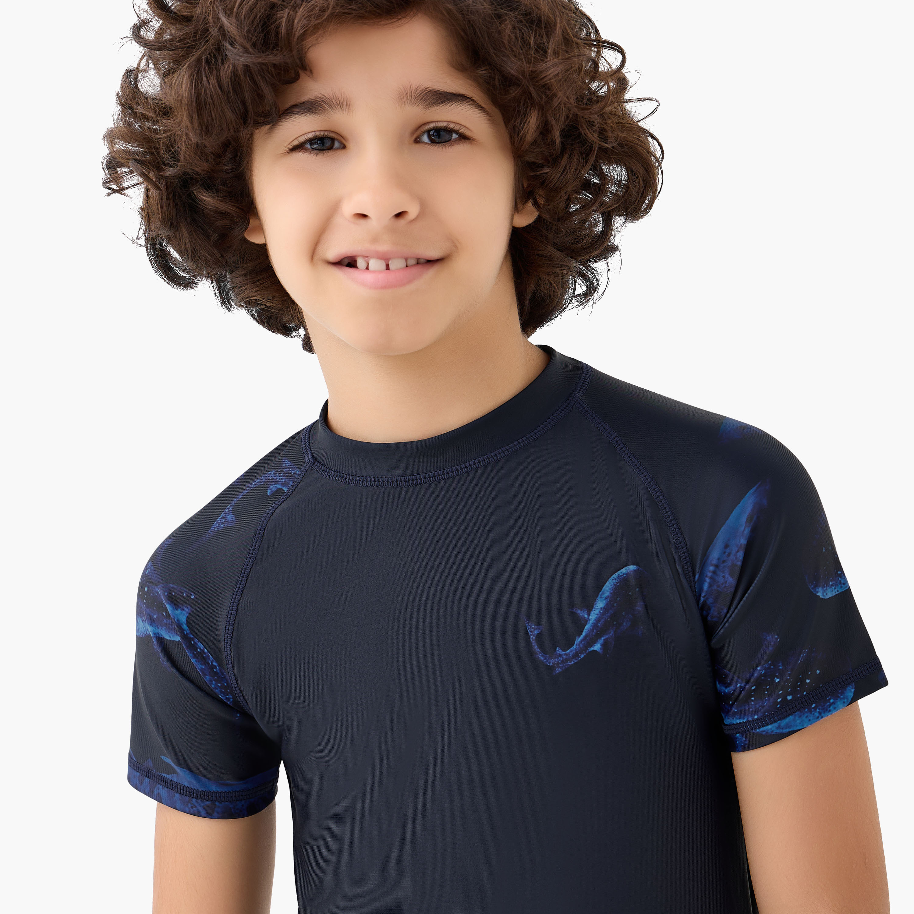 Juniors Round Neck Short Sleeves Rash Guard Set with Shark Print-sports-boys-clothing-swimwear-image-5