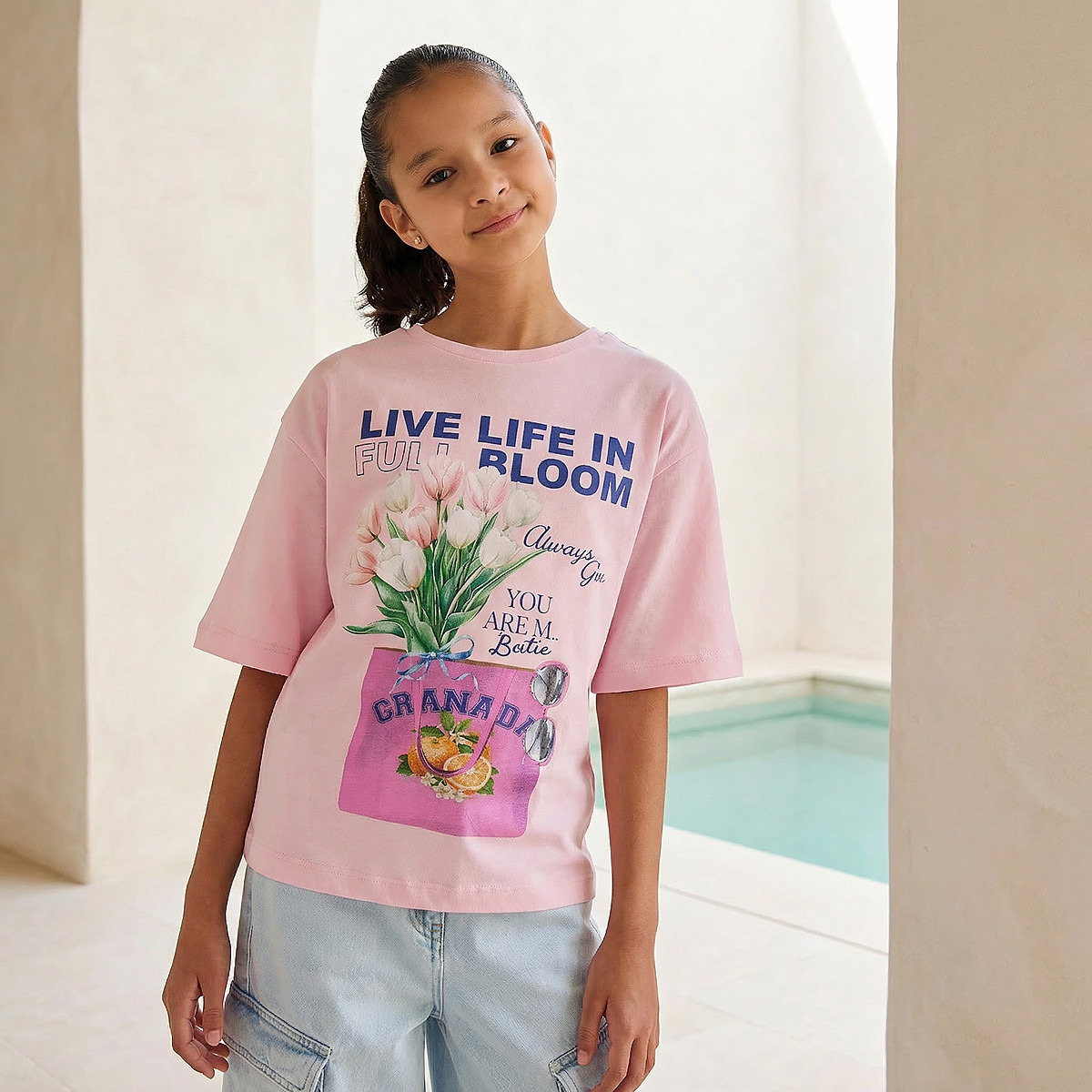 Juniors Crew Neck Short Sleeves T-shirt with Graphic Print-girls-clothing-tshirts-image-1