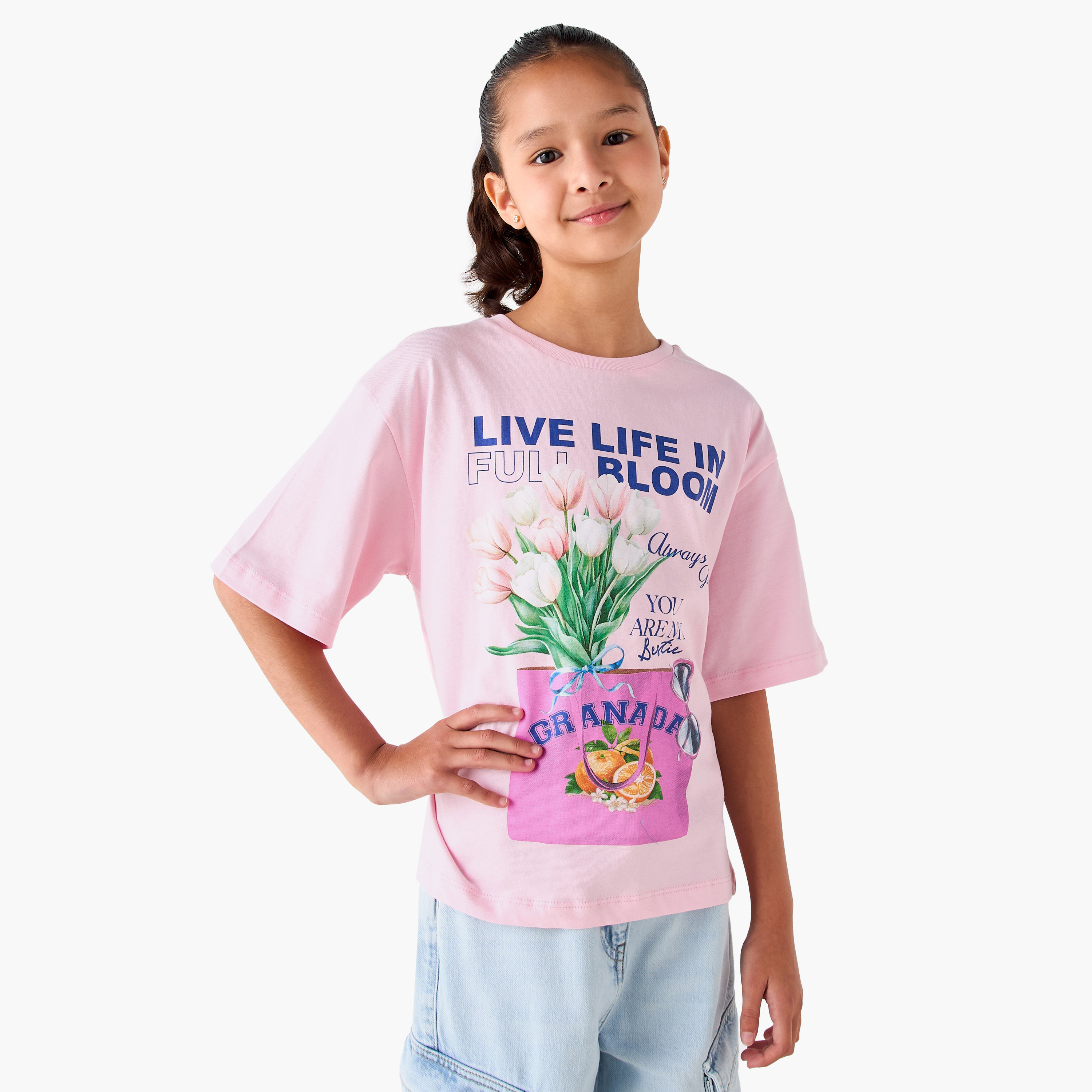Juniors Crew Neck Short Sleeves T-shirt with Graphic Print-girls-clothing-tshirts-image-2