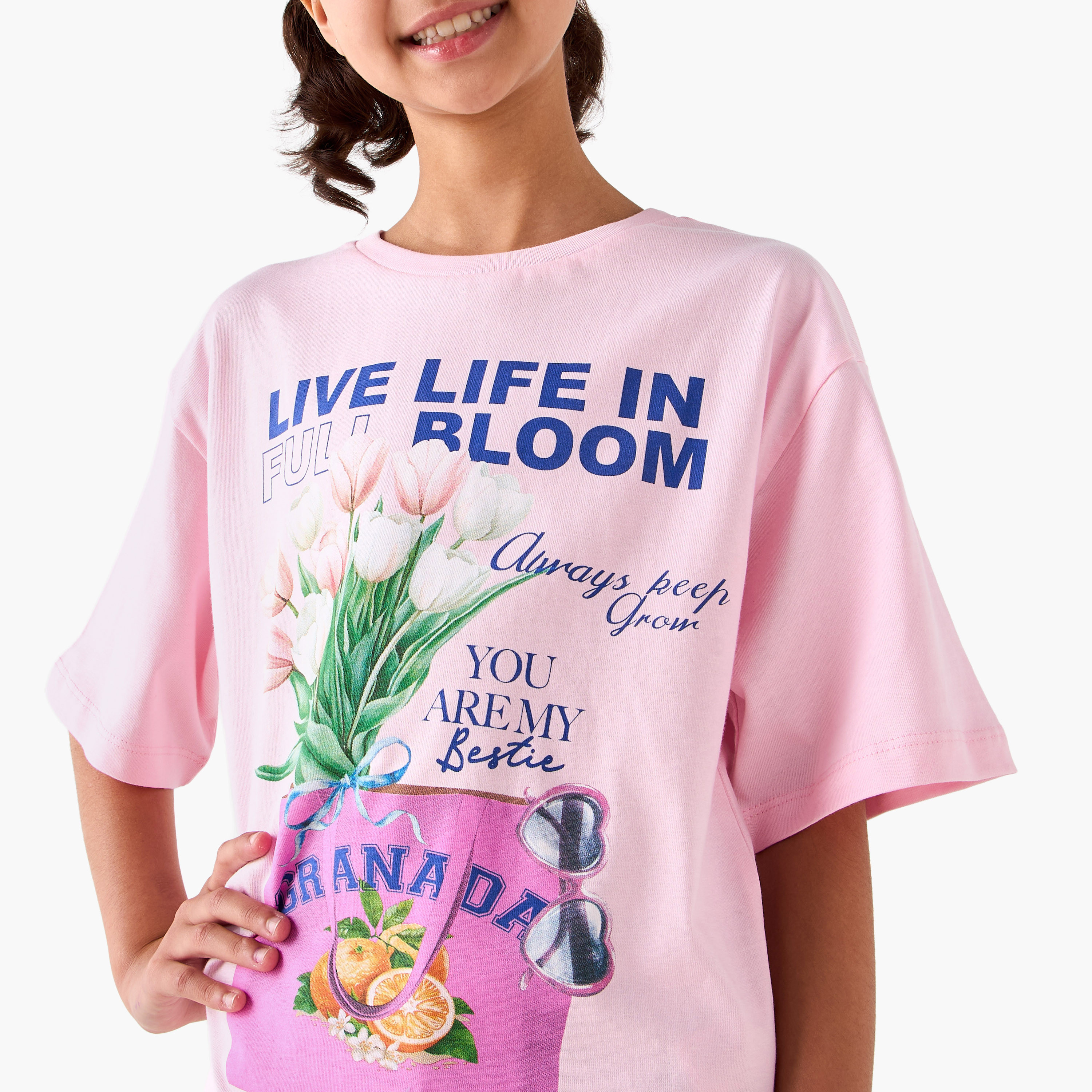 Juniors Crew Neck Short Sleeves T-shirt with Graphic Print-girls-clothing-tshirts-image-4