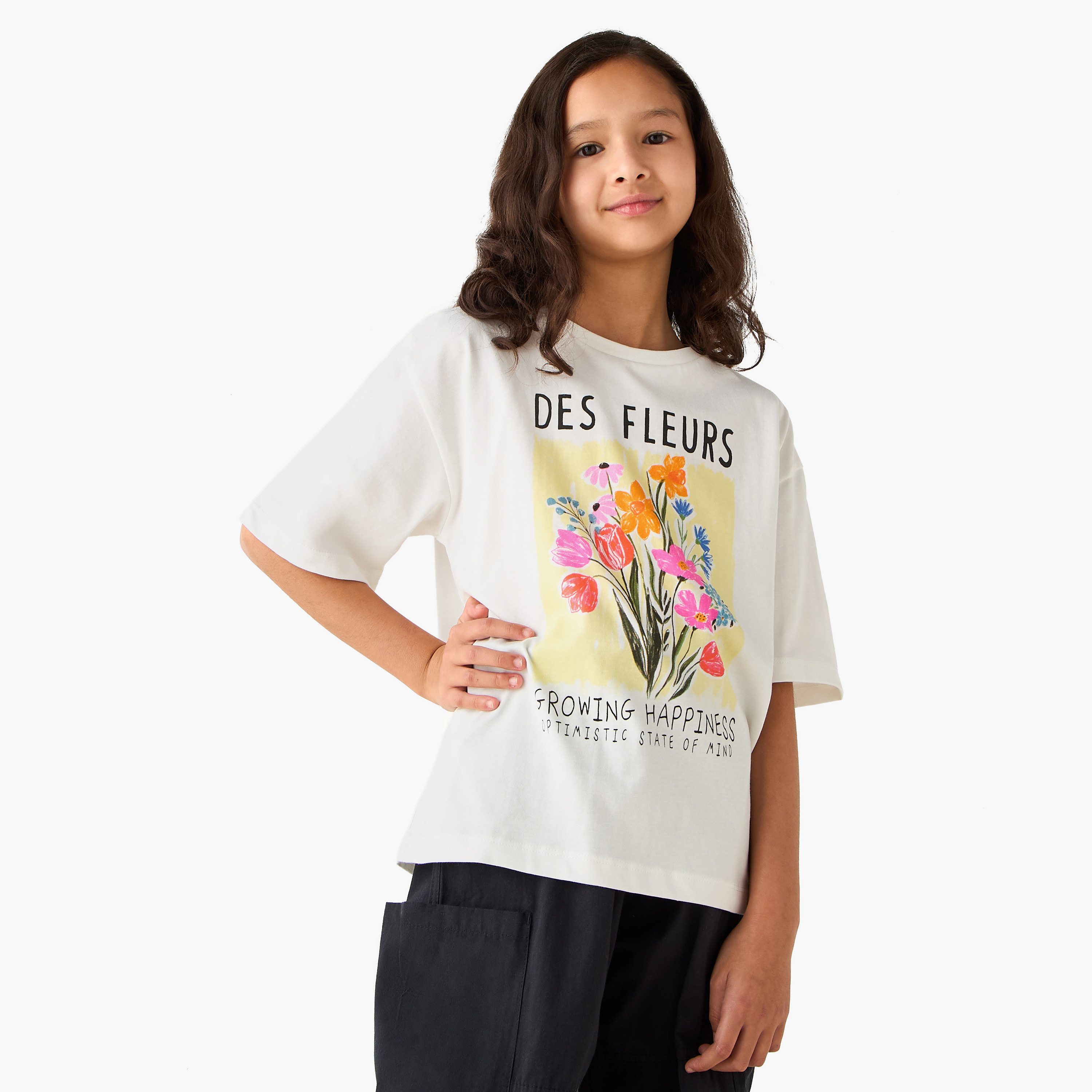 Juniors Crew Neck Short Sleeves T-shirt with Floral Print-girls-clothing-tshirts-image-1