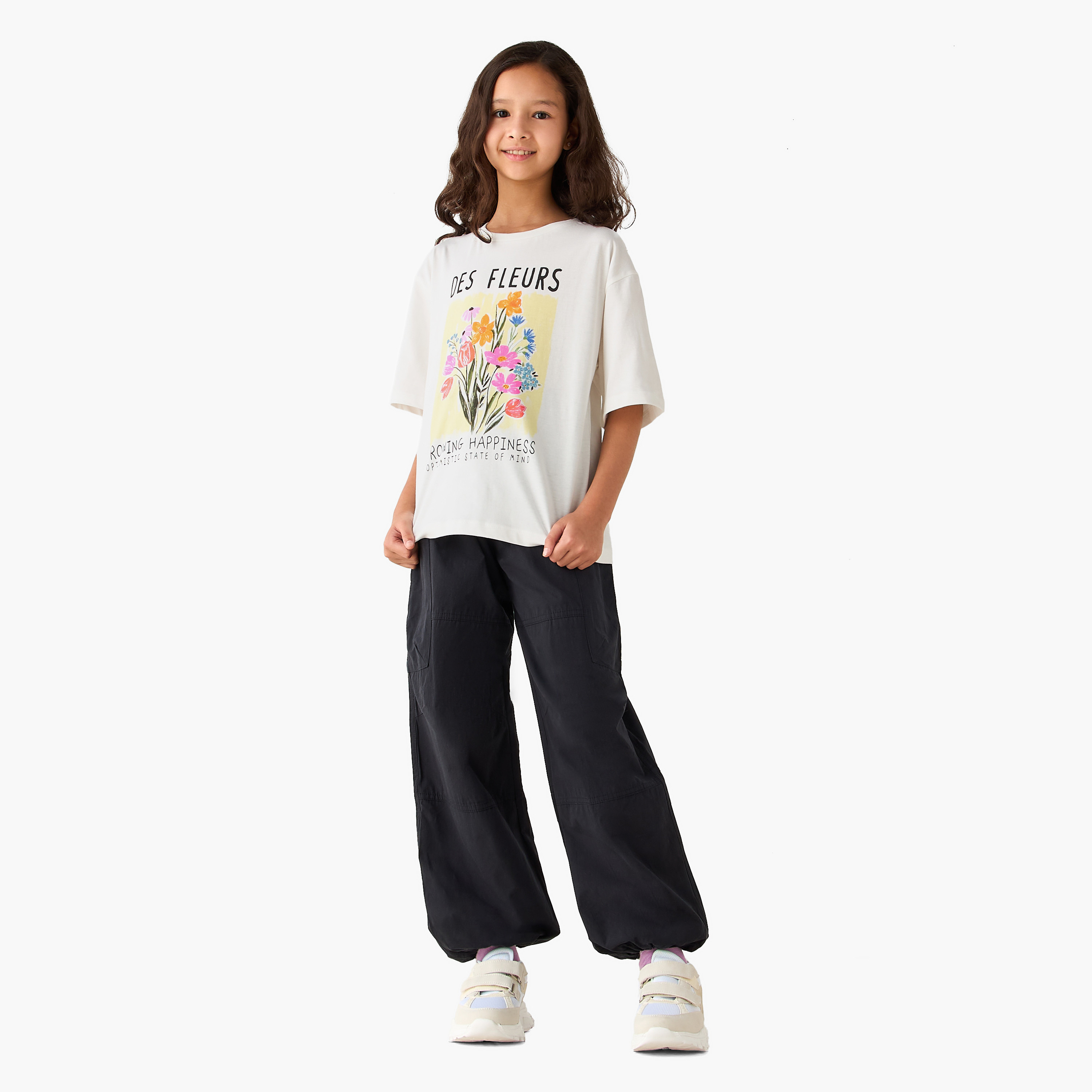 Juniors Crew Neck Short Sleeves T-shirt with Floral Print-girls-clothing-tshirts-image-2