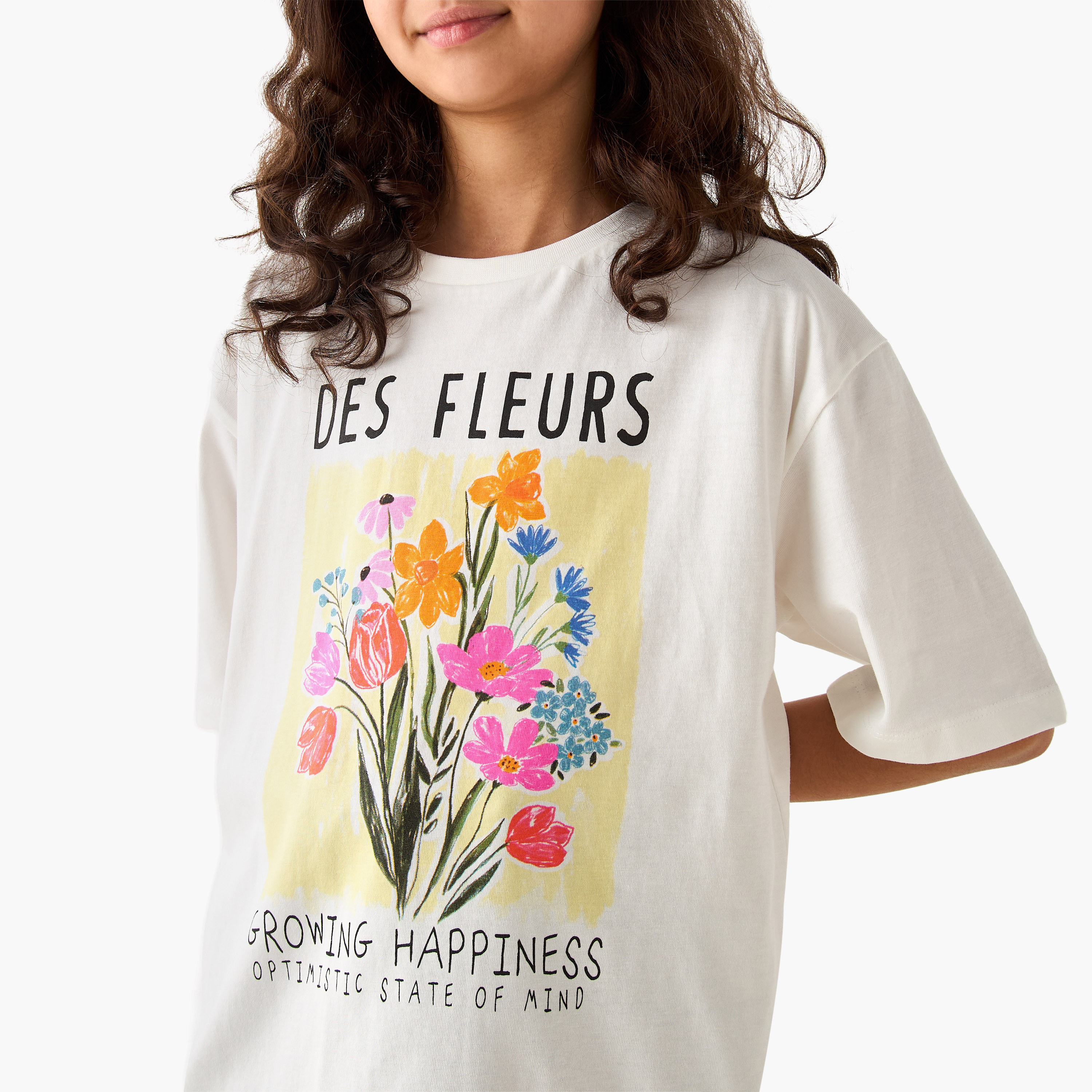 Juniors Crew Neck Short Sleeves T-shirt with Floral Print-girls-clothing-tshirts-image-4