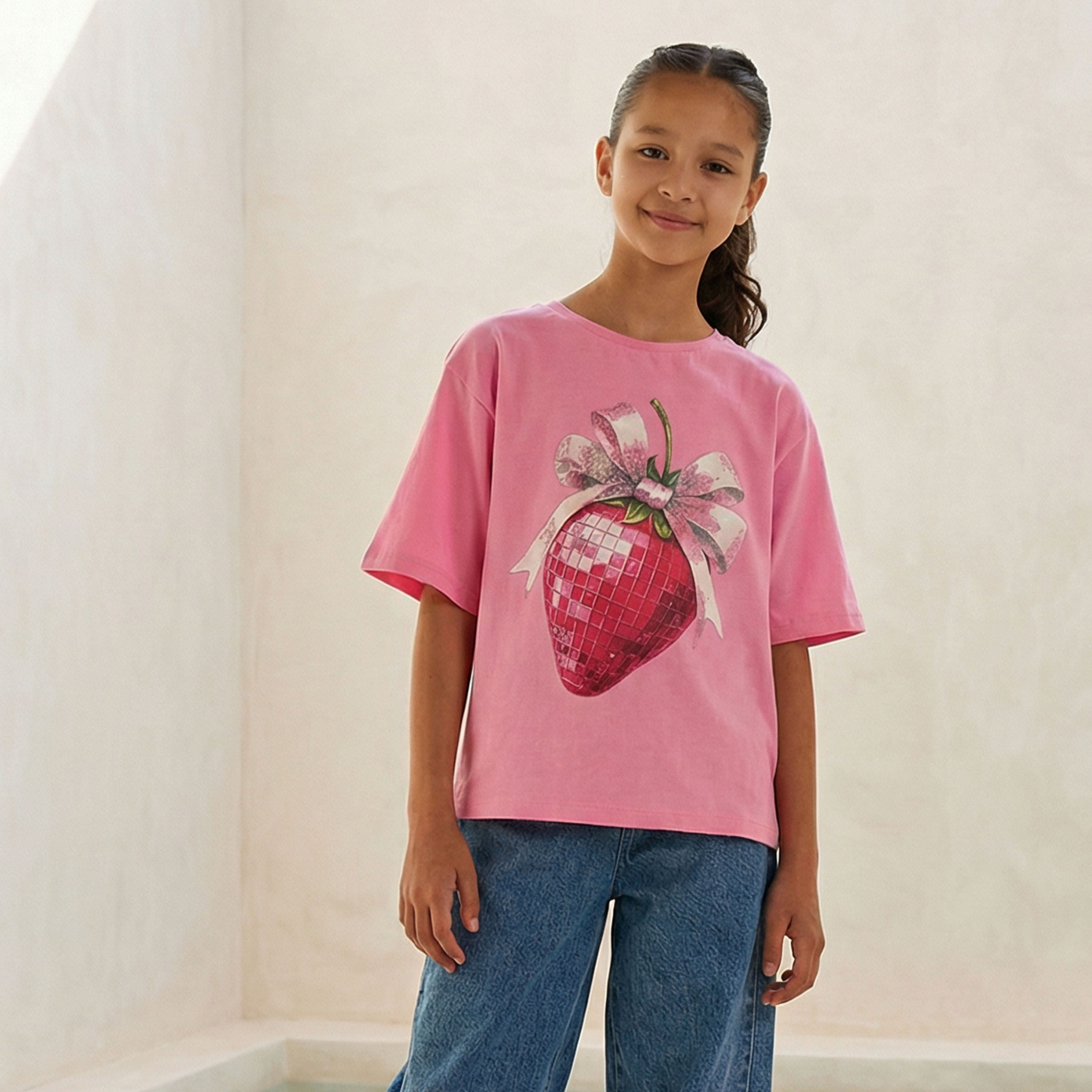 Juniors Crew Neck Short Sleeves T-shirt with Strawberry Print-girls-clothing-tshirts-image-1