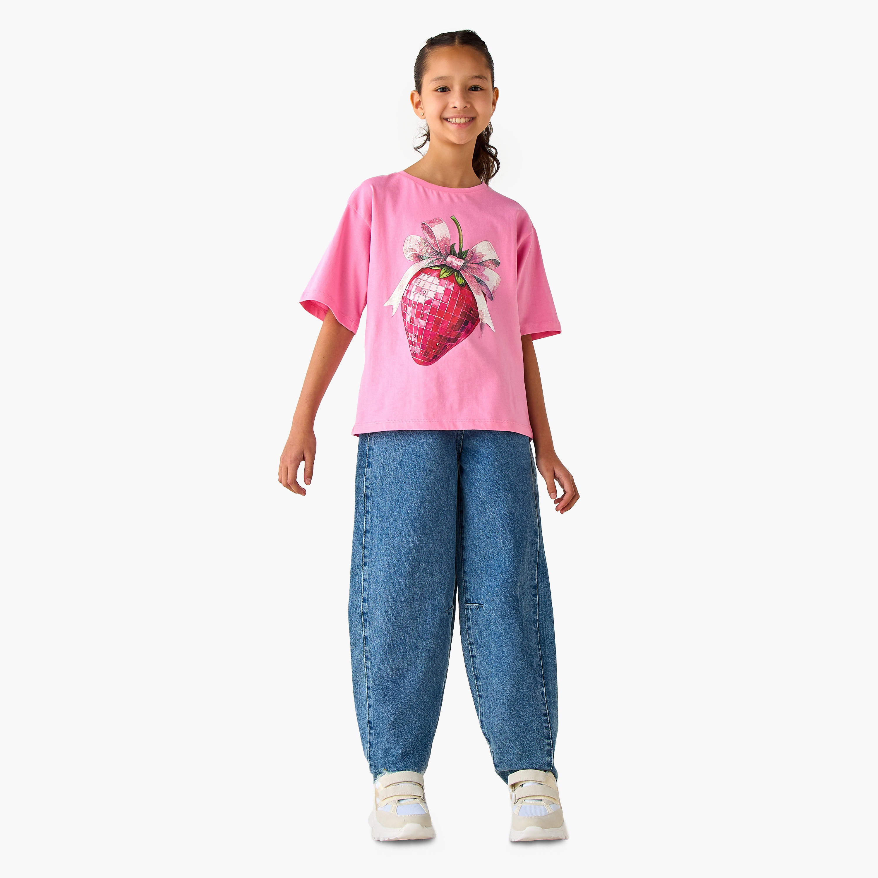 Juniors Crew Neck Short Sleeves T-shirt with Strawberry Print-girls-clothing-tshirts-image-2