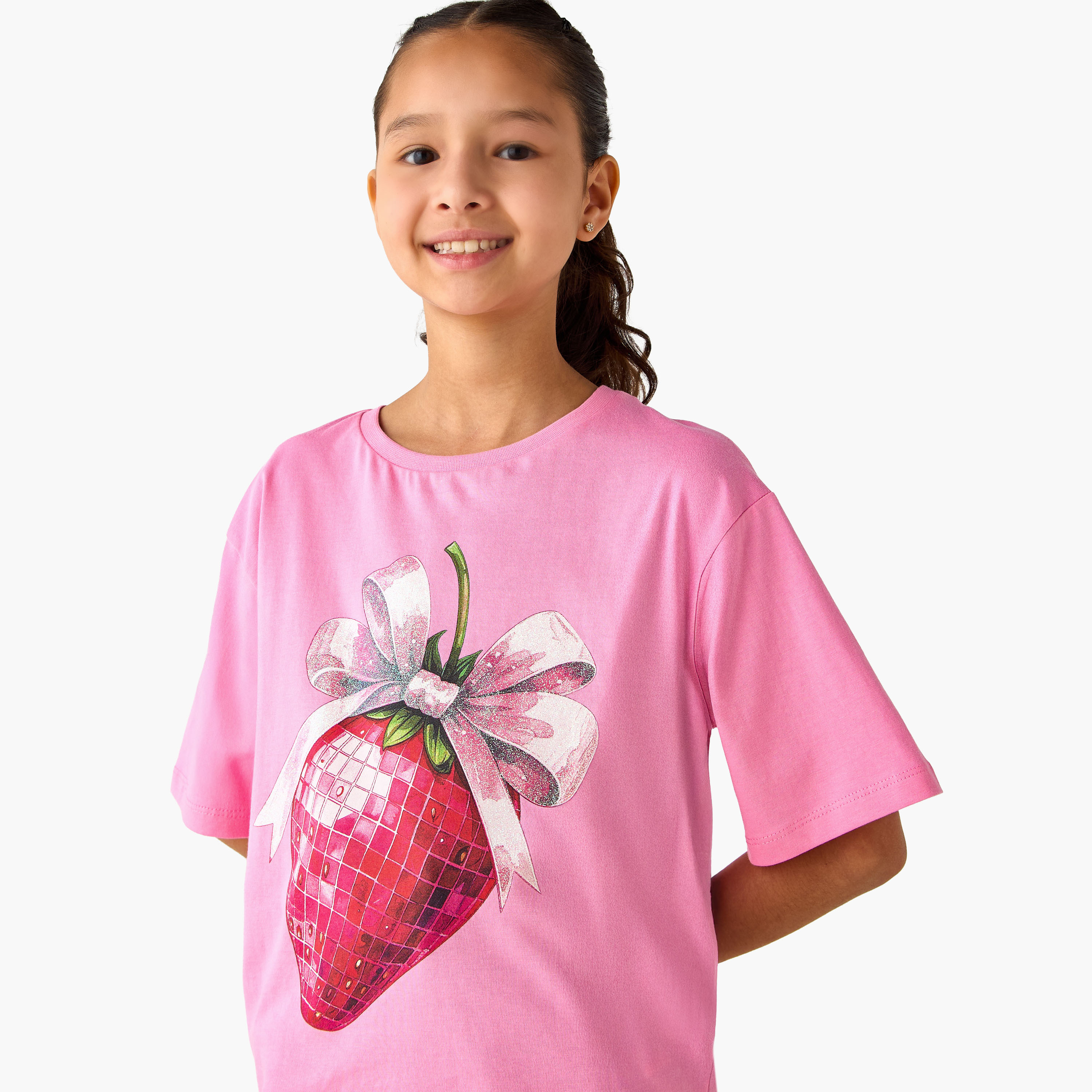 Juniors Crew Neck Short Sleeves T-shirt with Strawberry Print-girls-clothing-tshirts-image-4