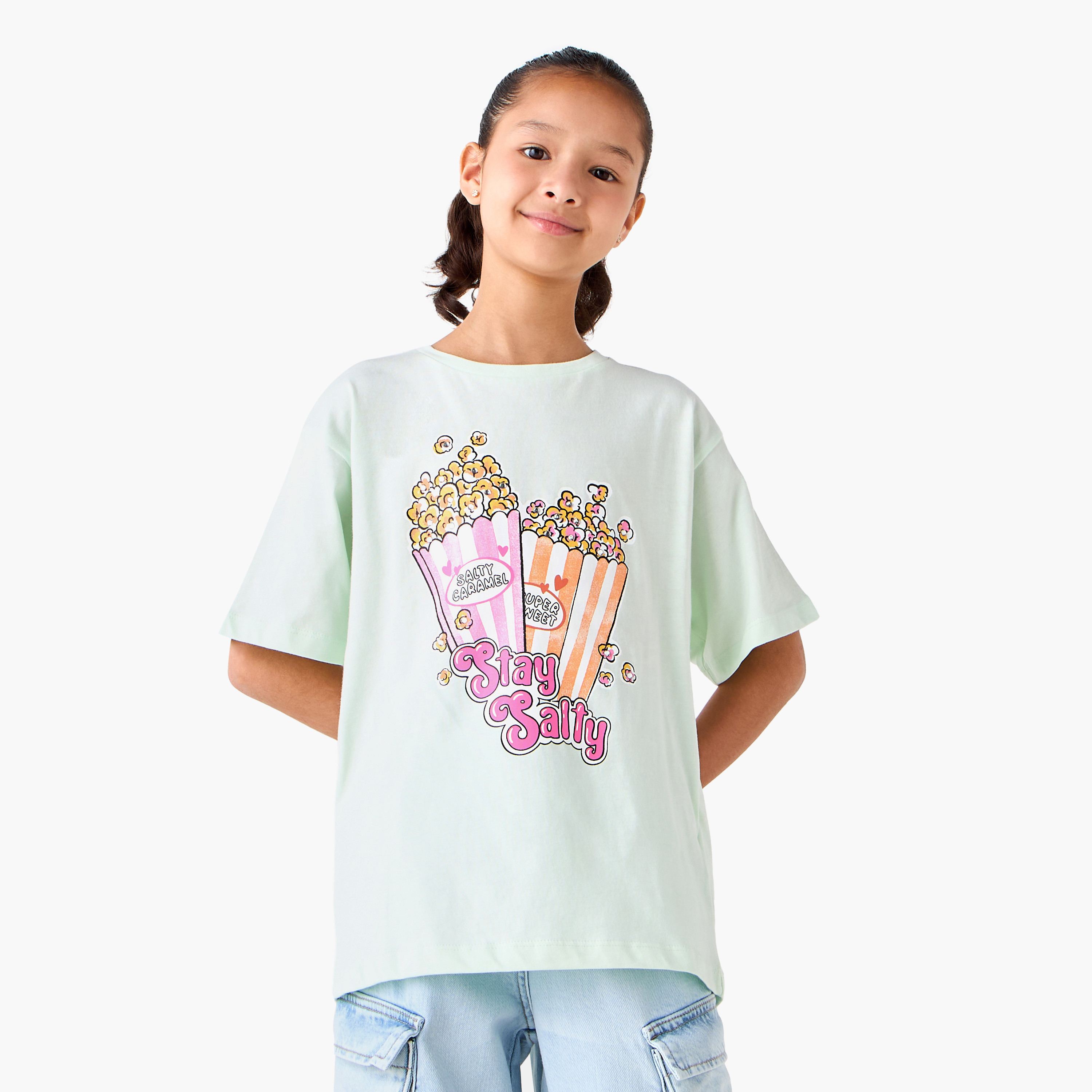 Juniors Crew Neck Short Sleeves T-shirt with Popcorn Print-girls-clothing-tshirts-image-1