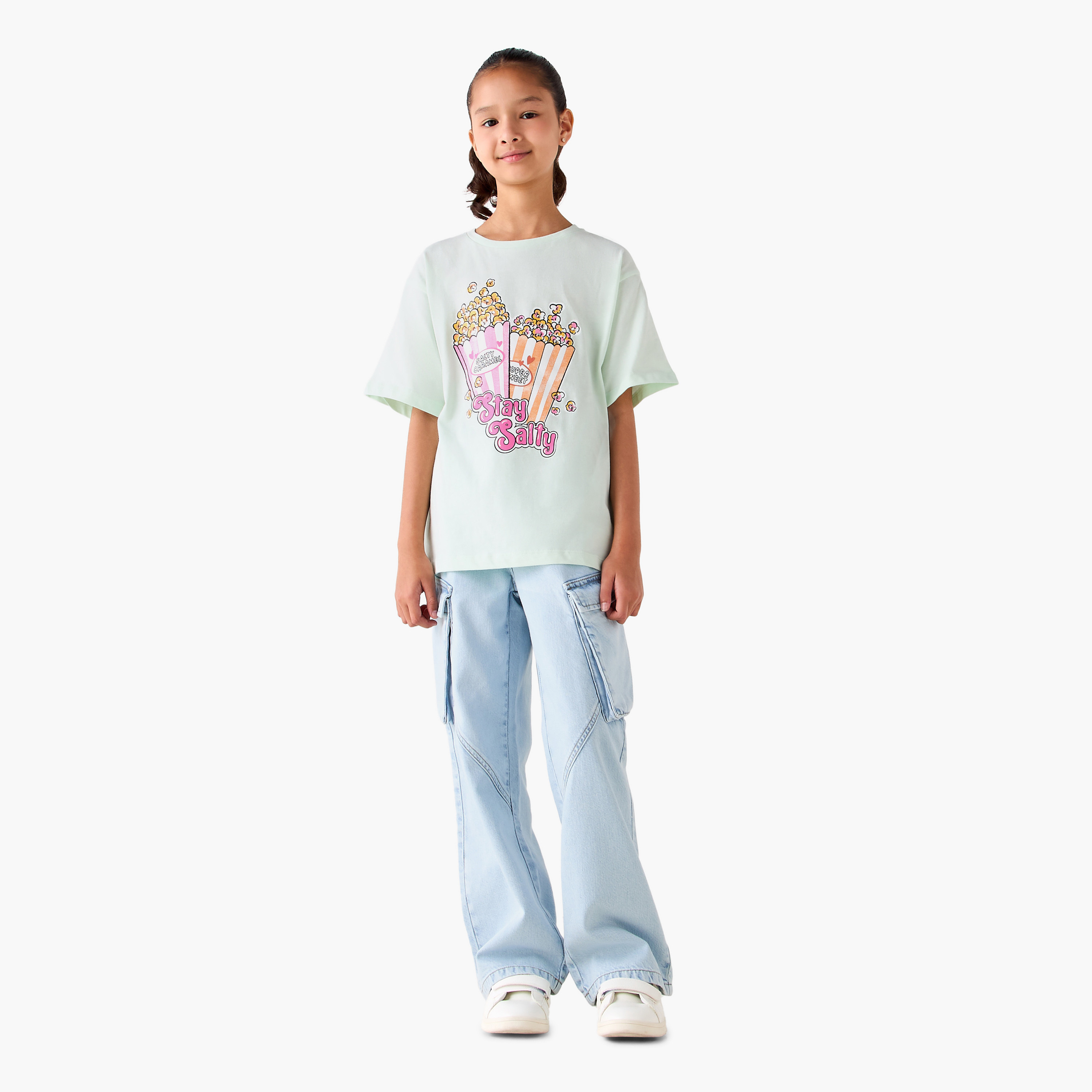 Juniors Crew Neck Short Sleeves T-shirt with Popcorn Print-girls-clothing-tshirts-image-2