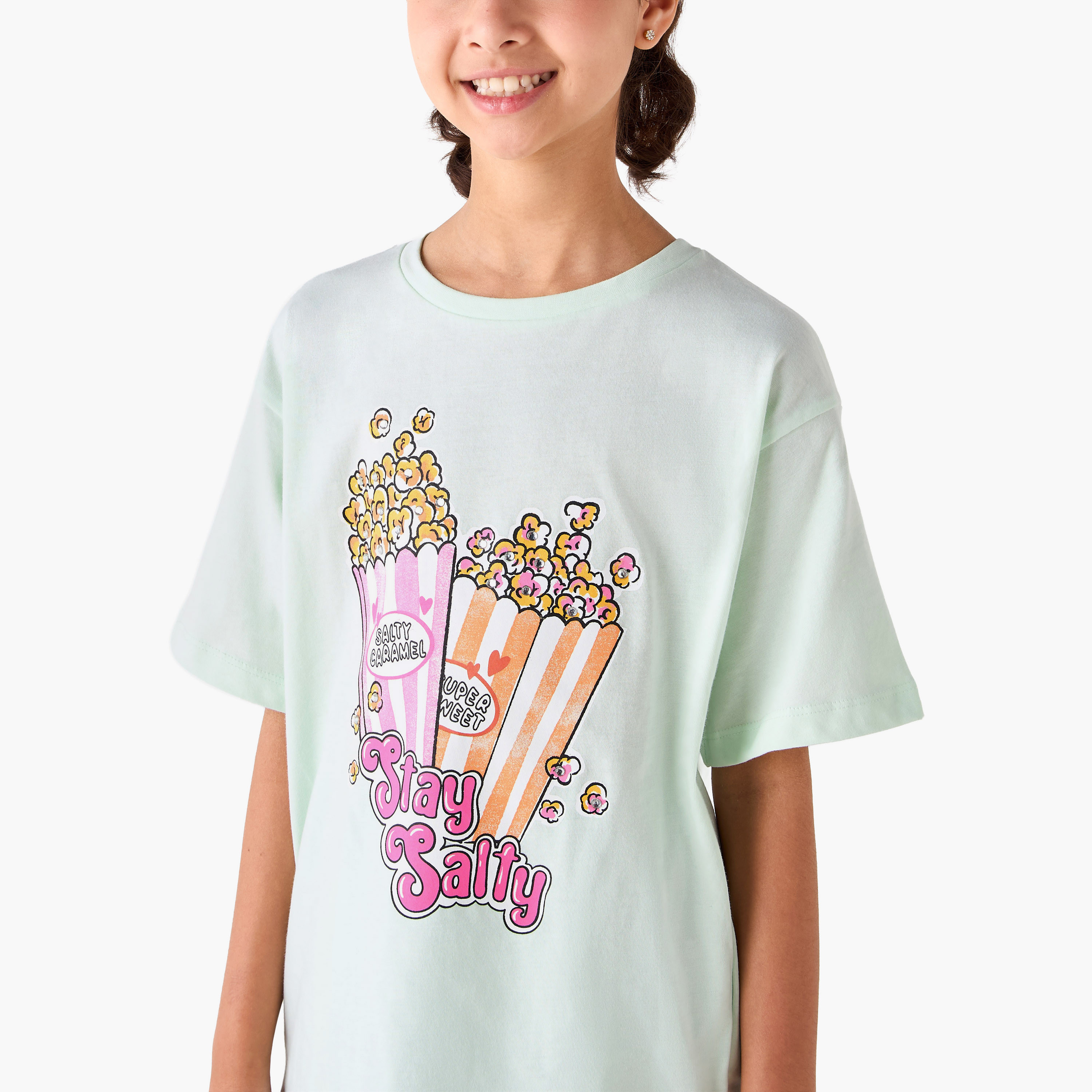 Juniors Crew Neck Short Sleeves T-shirt with Popcorn Print-girls-clothing-tshirts-image-4