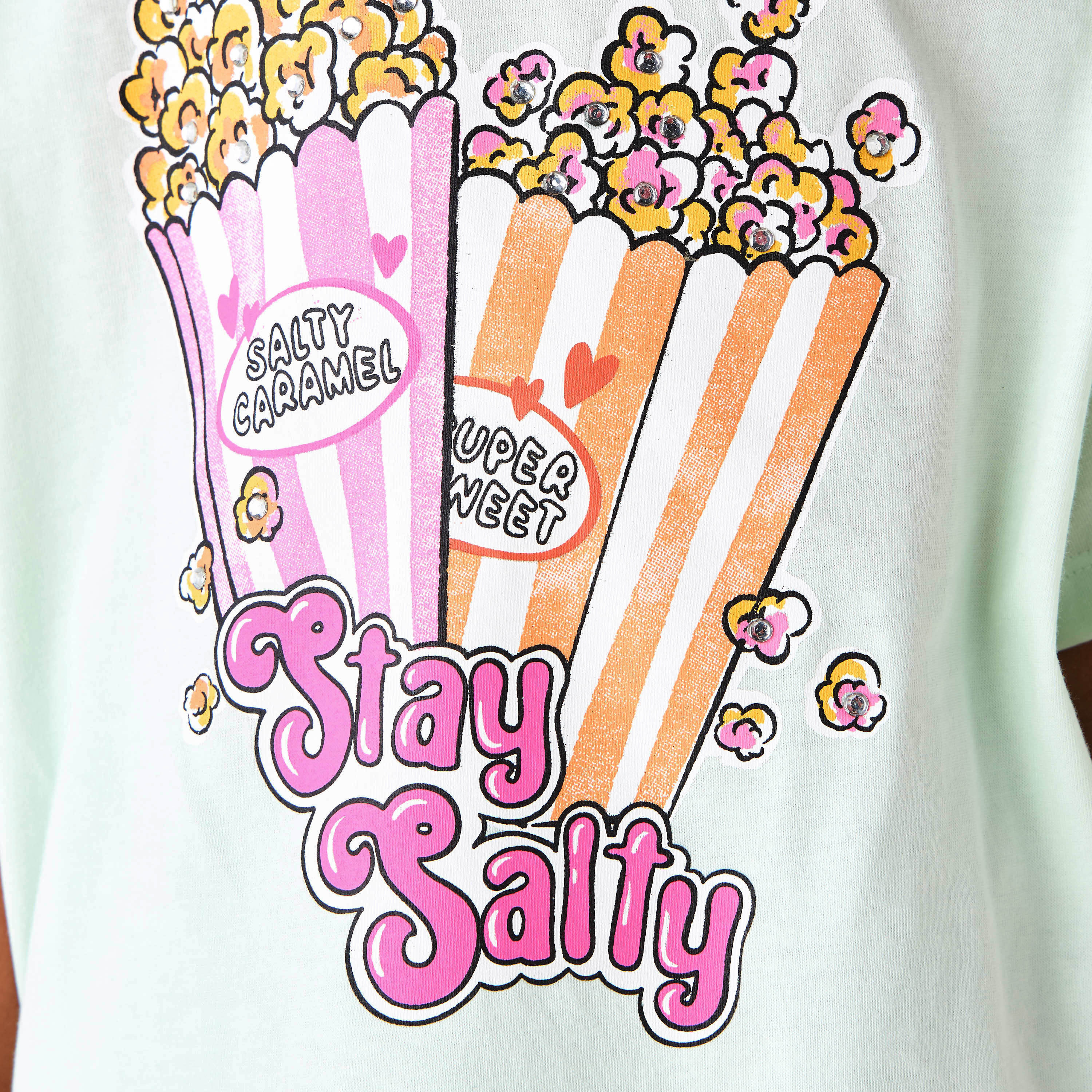 Juniors Crew Neck Short Sleeves T-shirt with Popcorn Print-girls-clothing-tshirts-image-5