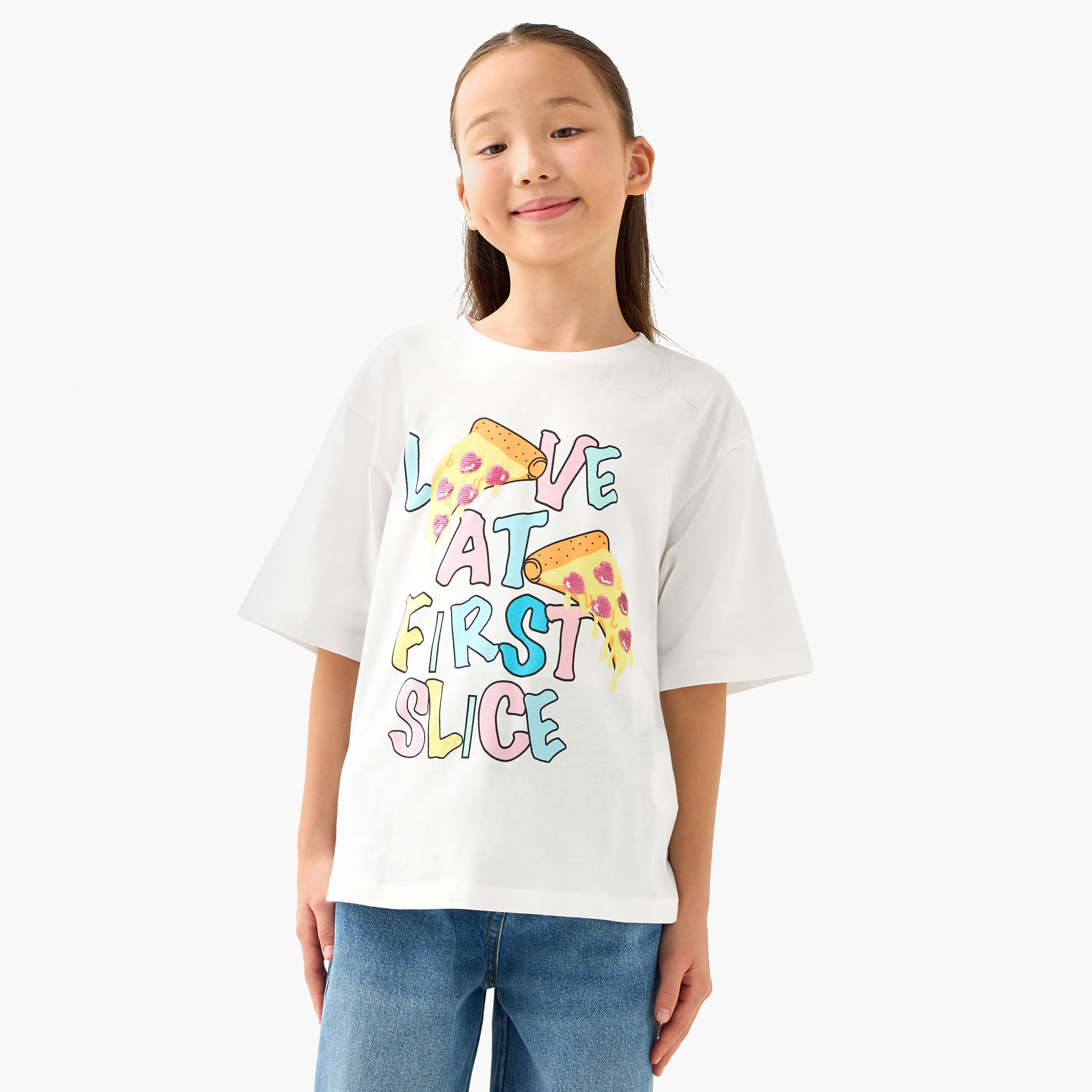 تيشيرت بياقة ضيقة وأكمام قصيرة وطبعات من جونيورز-girls-clothing-tshirts-image-5