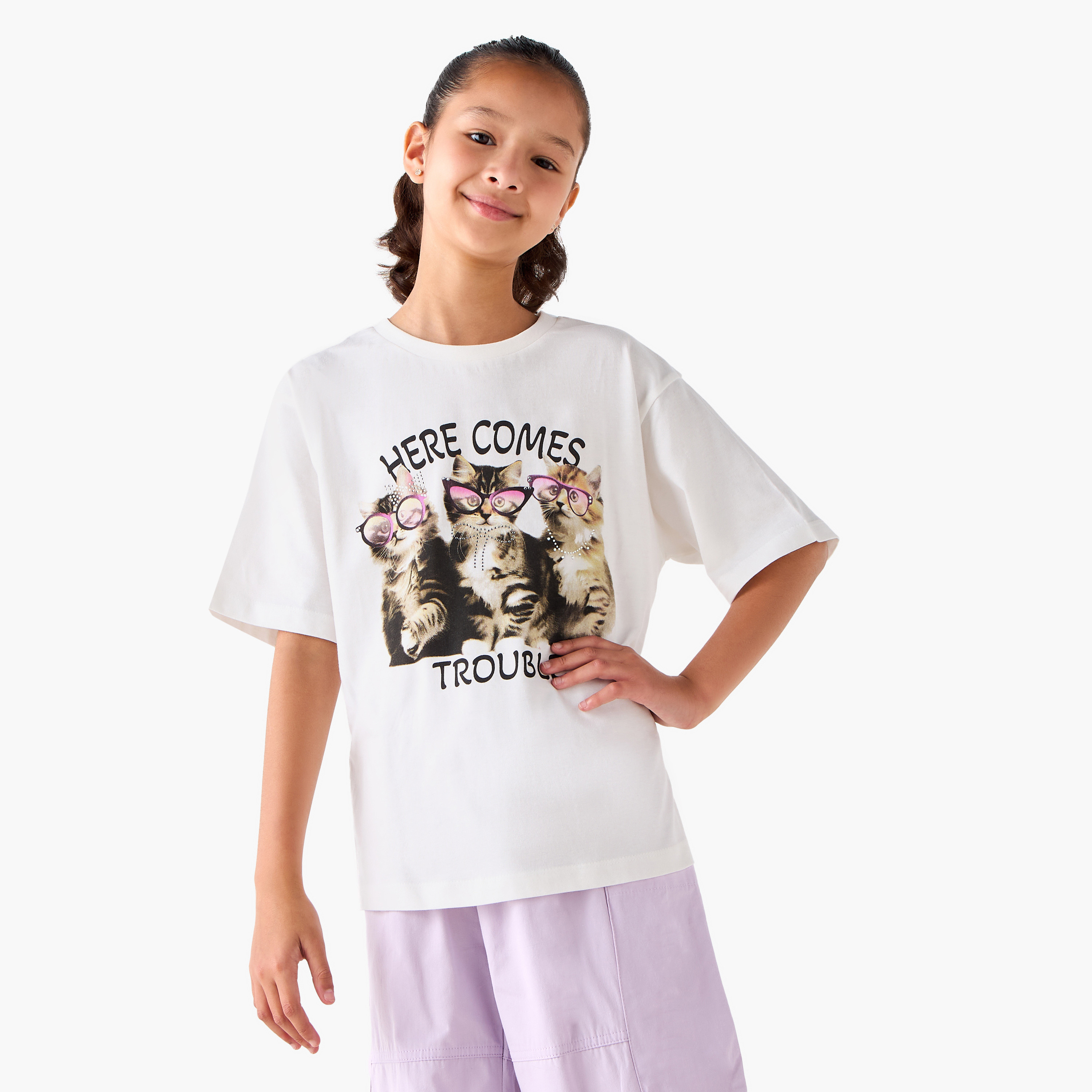 Juniors Crew Neck Short Sleeves T-shirt with Cat Print-girls-clothing-tshirts-image-1