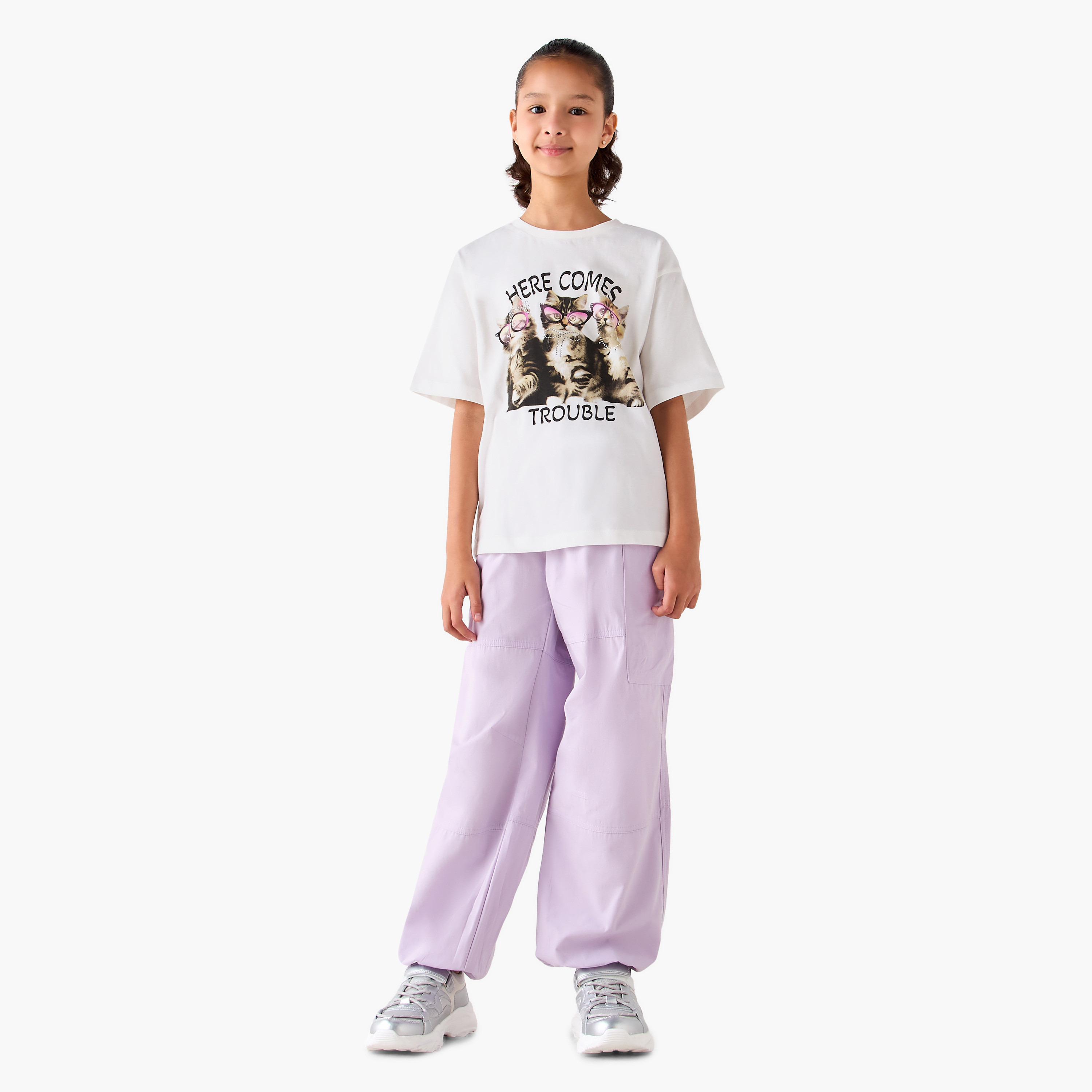 Juniors Crew Neck Short Sleeves T-shirt with Cat Print-girls-clothing-tshirts-image-2
