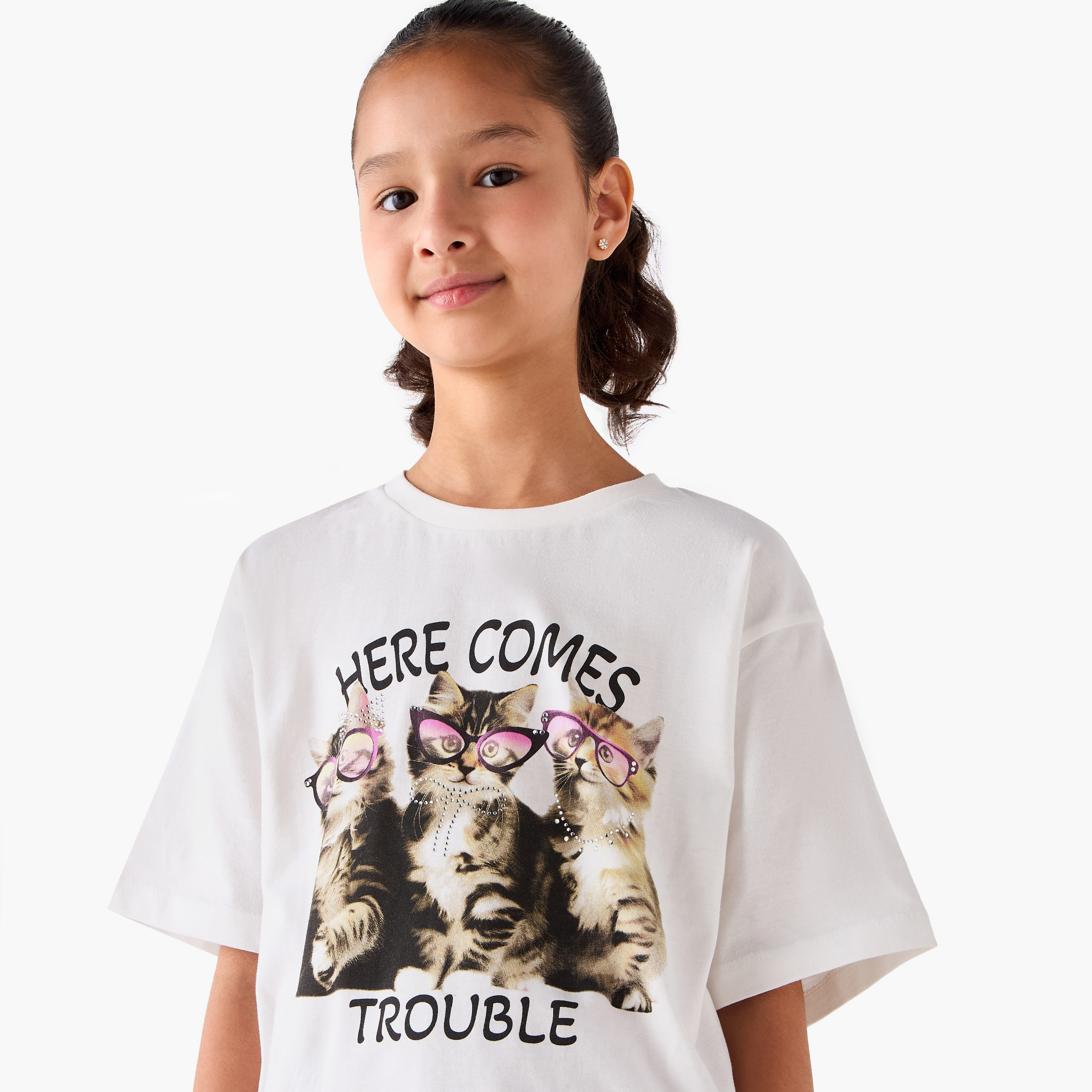 Juniors Crew Neck Short Sleeves T-shirt with Cat Print-girls-clothing-tshirts-image-4