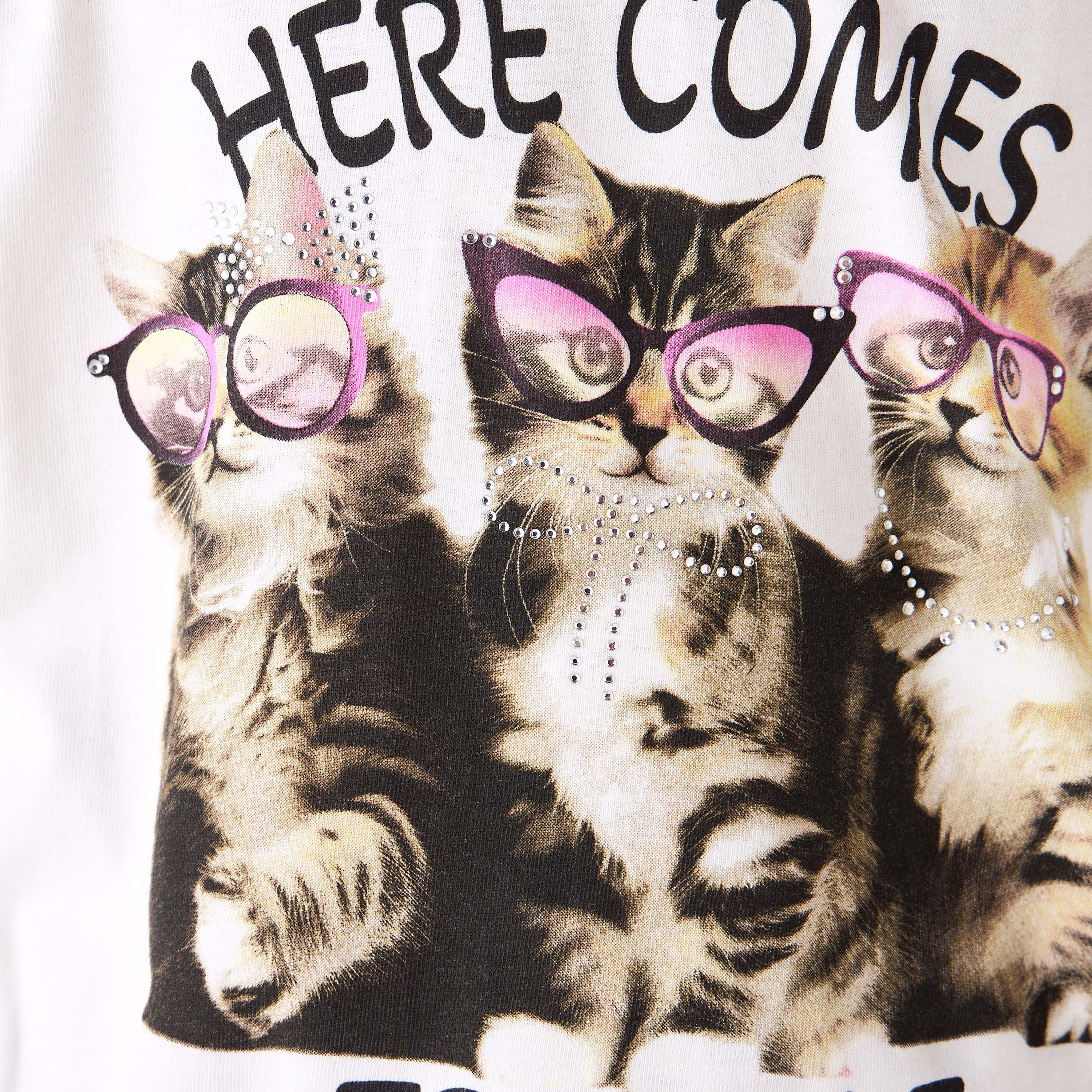 Juniors Crew Neck Short Sleeves T-shirt with Cat Print-girls-clothing-tshirts-image-5