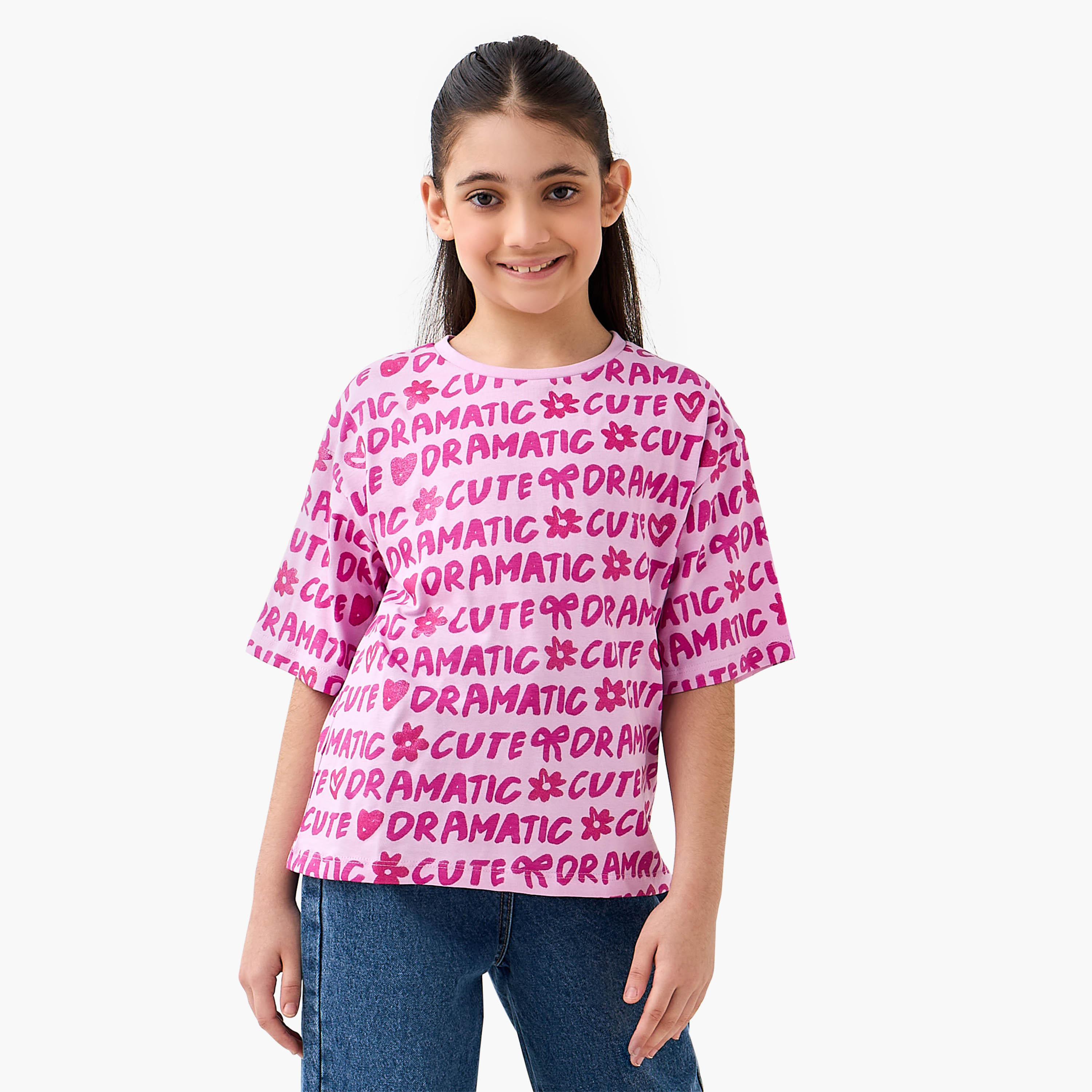 Juniors Crew Neck Short Sleeves T-shirt with Graphic Glitter Print-girls-clothing-tshirts-image-1
