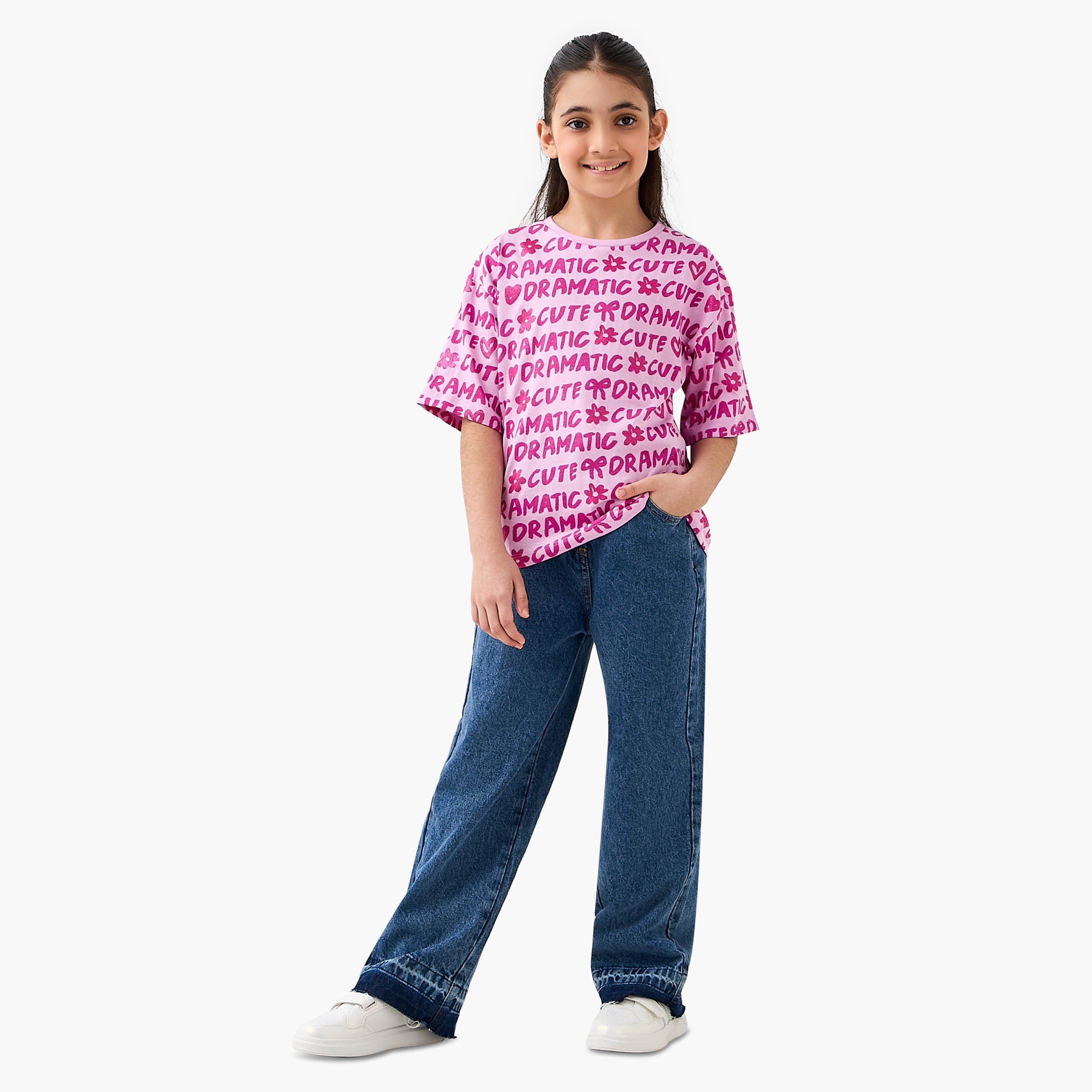 Juniors Crew Neck Short Sleeves T-shirt with Graphic Glitter Print-girls-clothing-tshirts-image-2