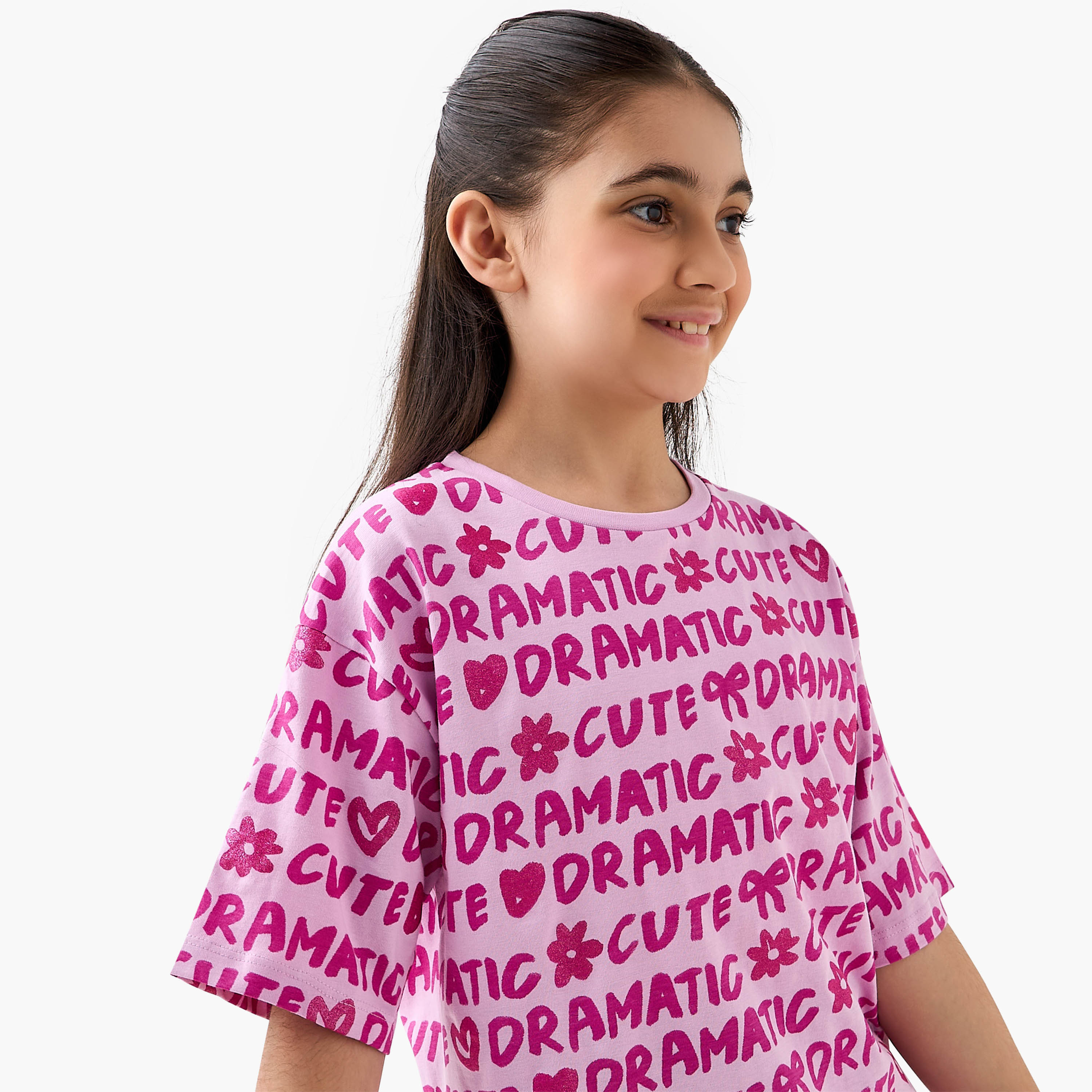 Juniors Crew Neck Short Sleeves T-shirt with Graphic Glitter Print-girls-clothing-tshirts-image-4