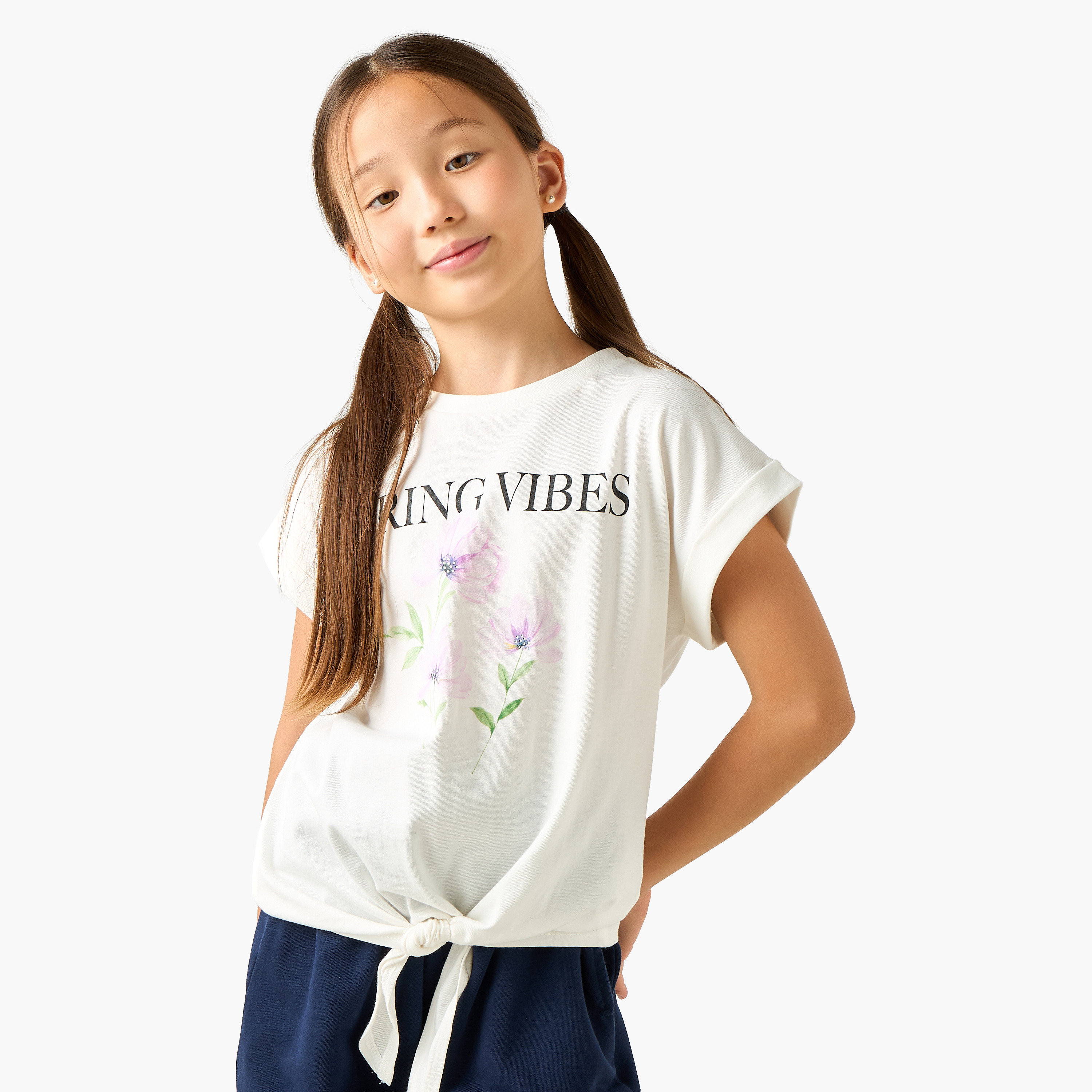 Juniors Crew Neck Short Sleeves T-shirt with Tie-Up Detail-girls-clothing-tshirts-image-1