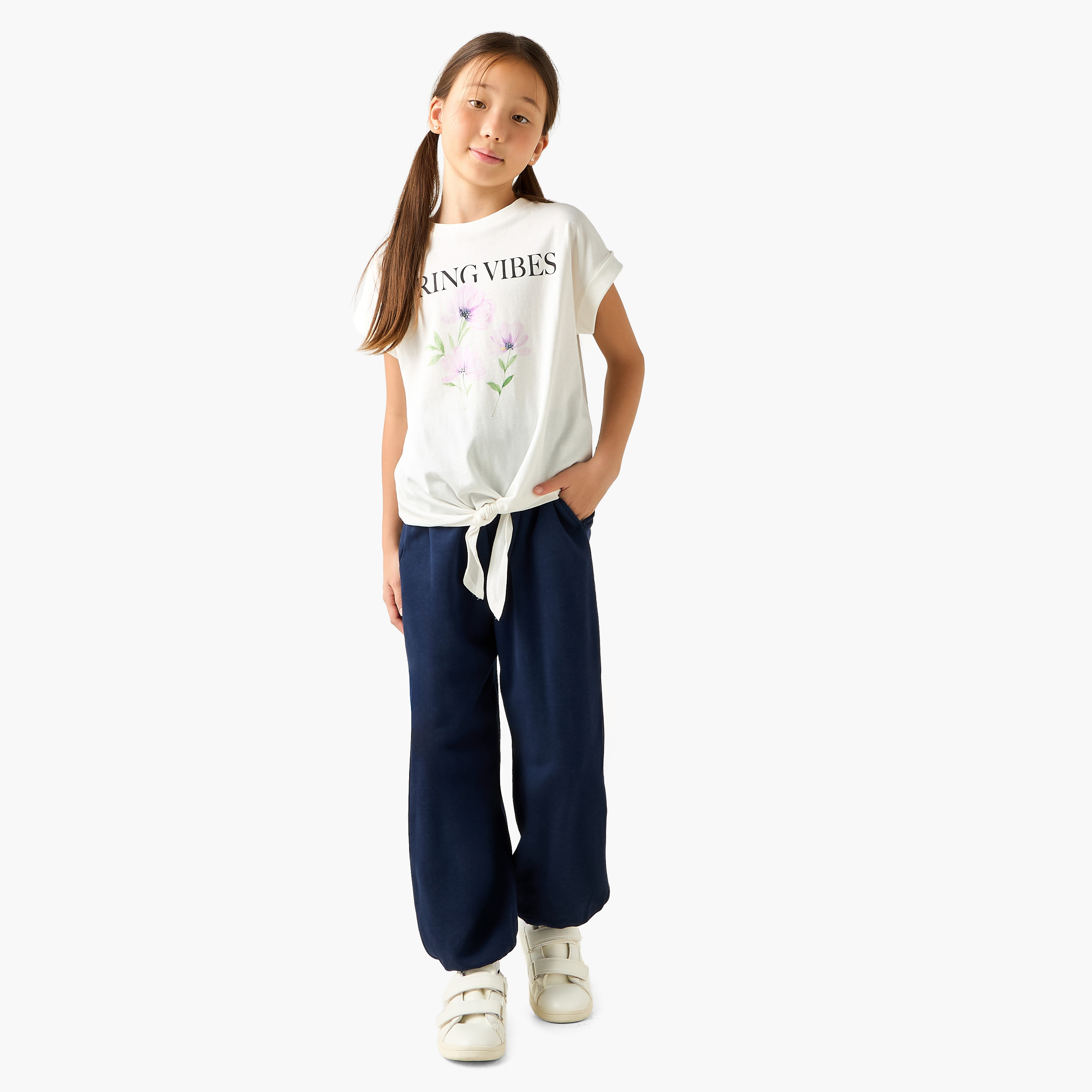 Juniors Crew Neck Short Sleeves T-shirt with Tie-Up Detail-girls-clothing-tshirts-image-2