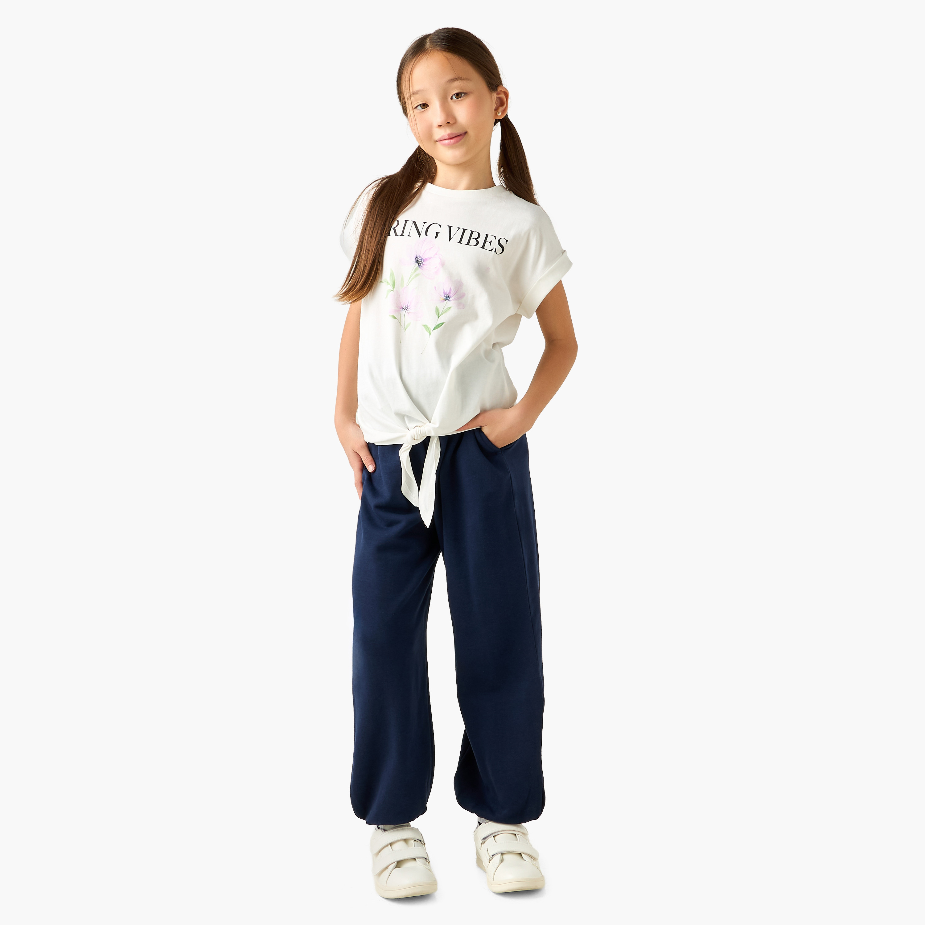 Juniors Crew Neck Short Sleeves T-shirt with Tie-Up Detail-girls-clothing-tshirts-image-6
