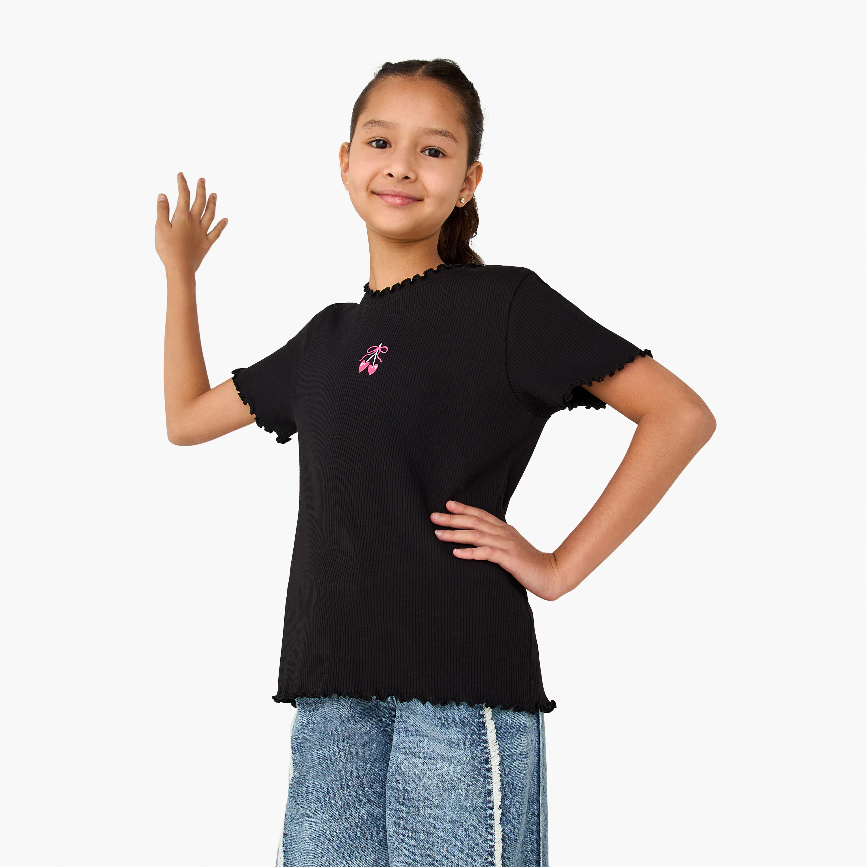 Juniors Crew Neck Short Sleeves T-shirt with Ribbed Design and Lettuce Hem-girls-clothing-tshirts-image-1
