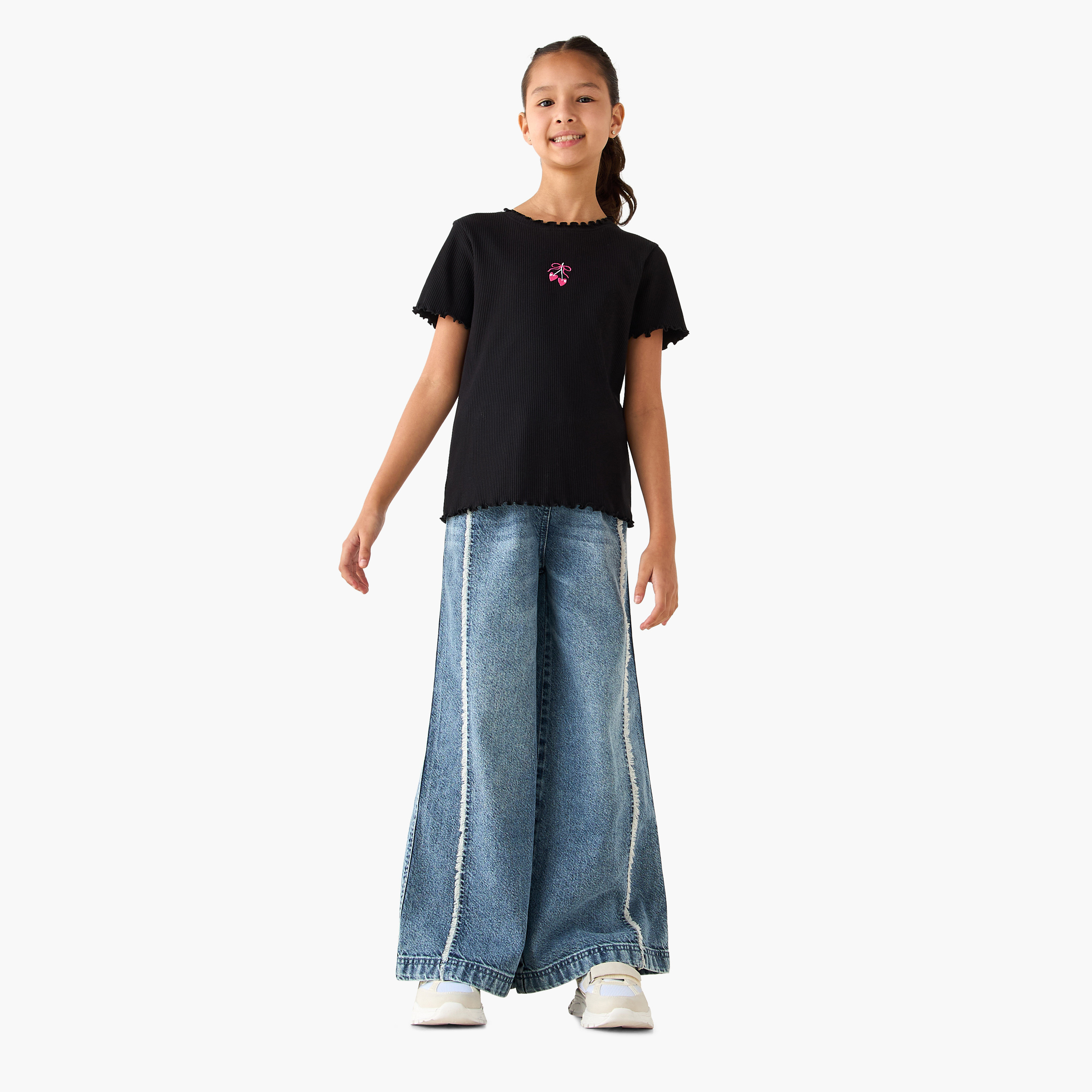 Juniors Crew Neck Short Sleeves T-shirt with Ribbed Design and Lettuce Hem-girls-clothing-tshirts-image-2