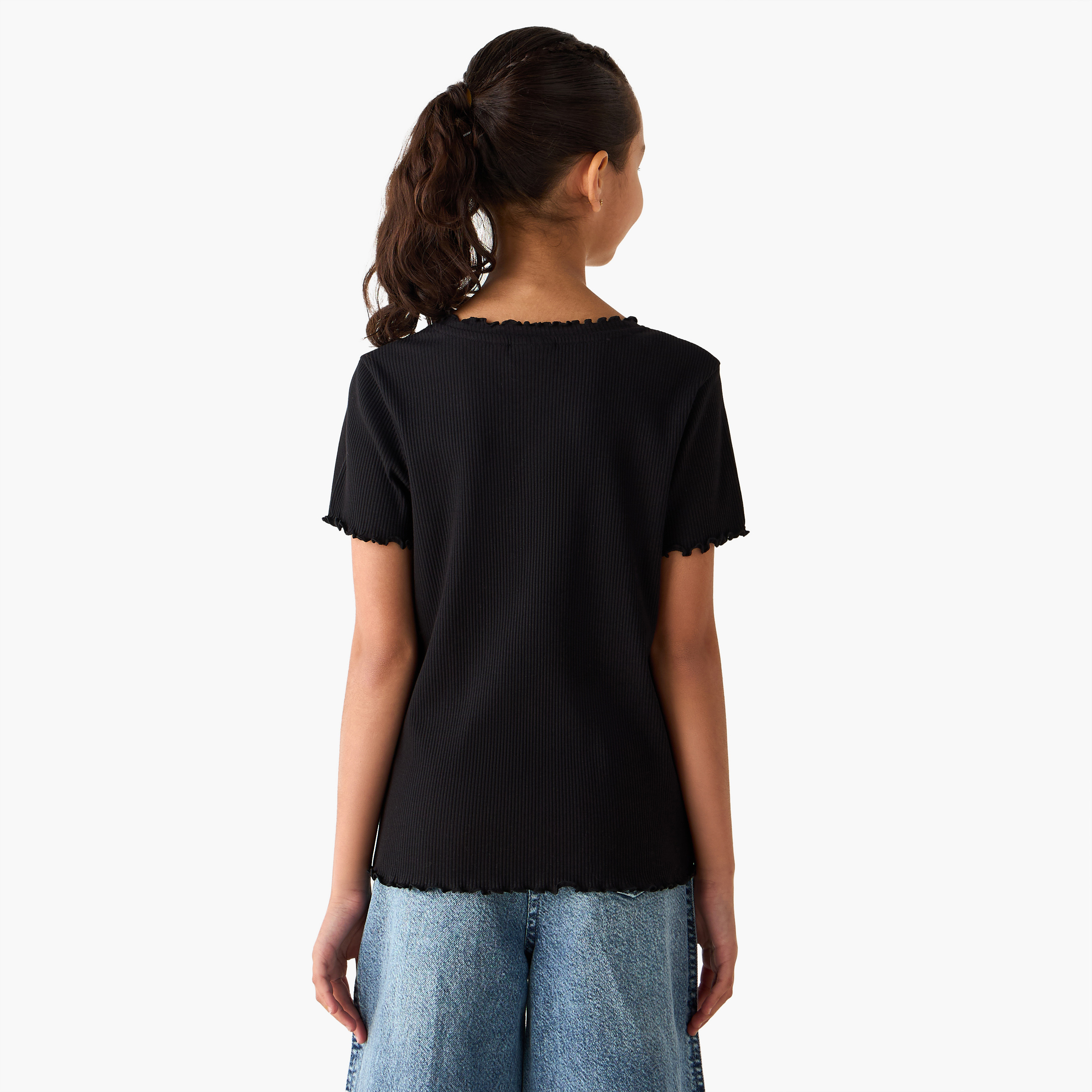 Juniors Crew Neck Short Sleeves T-shirt with Ribbed Design and Lettuce Hem-girls-clothing-tshirts-image-3