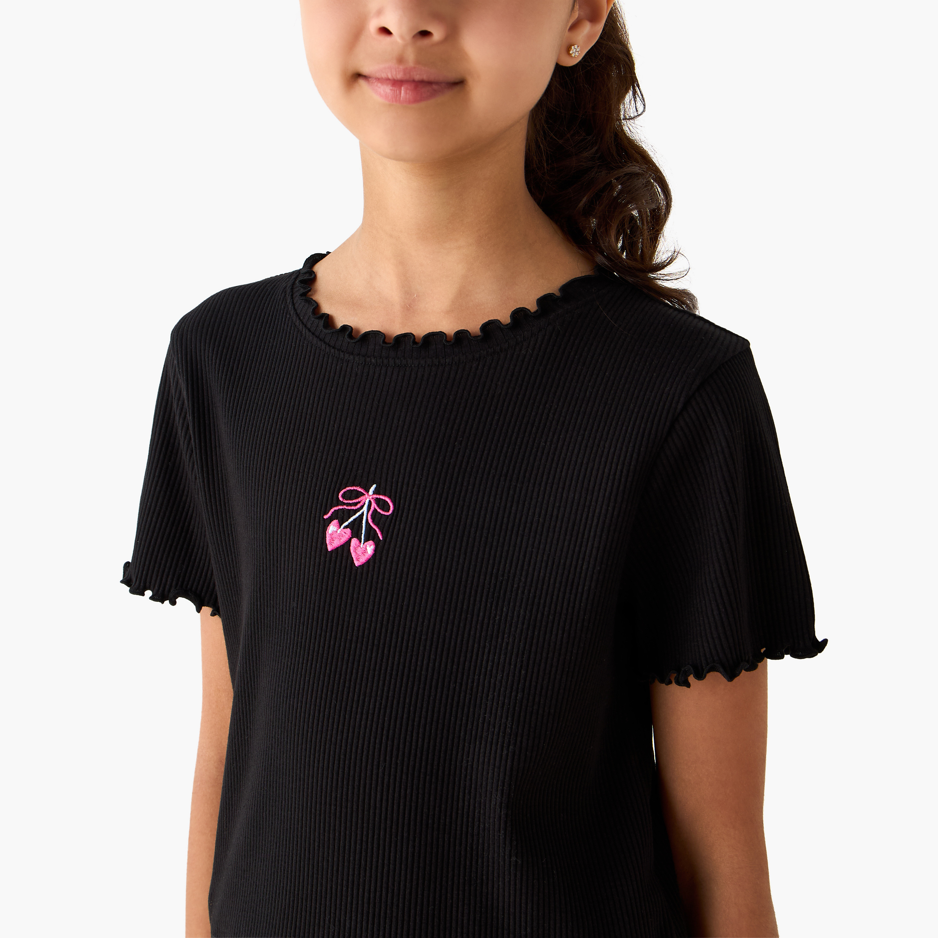Juniors Crew Neck Short Sleeves T-shirt with Ribbed Design and Lettuce Hem-girls-clothing-tshirts-image-4