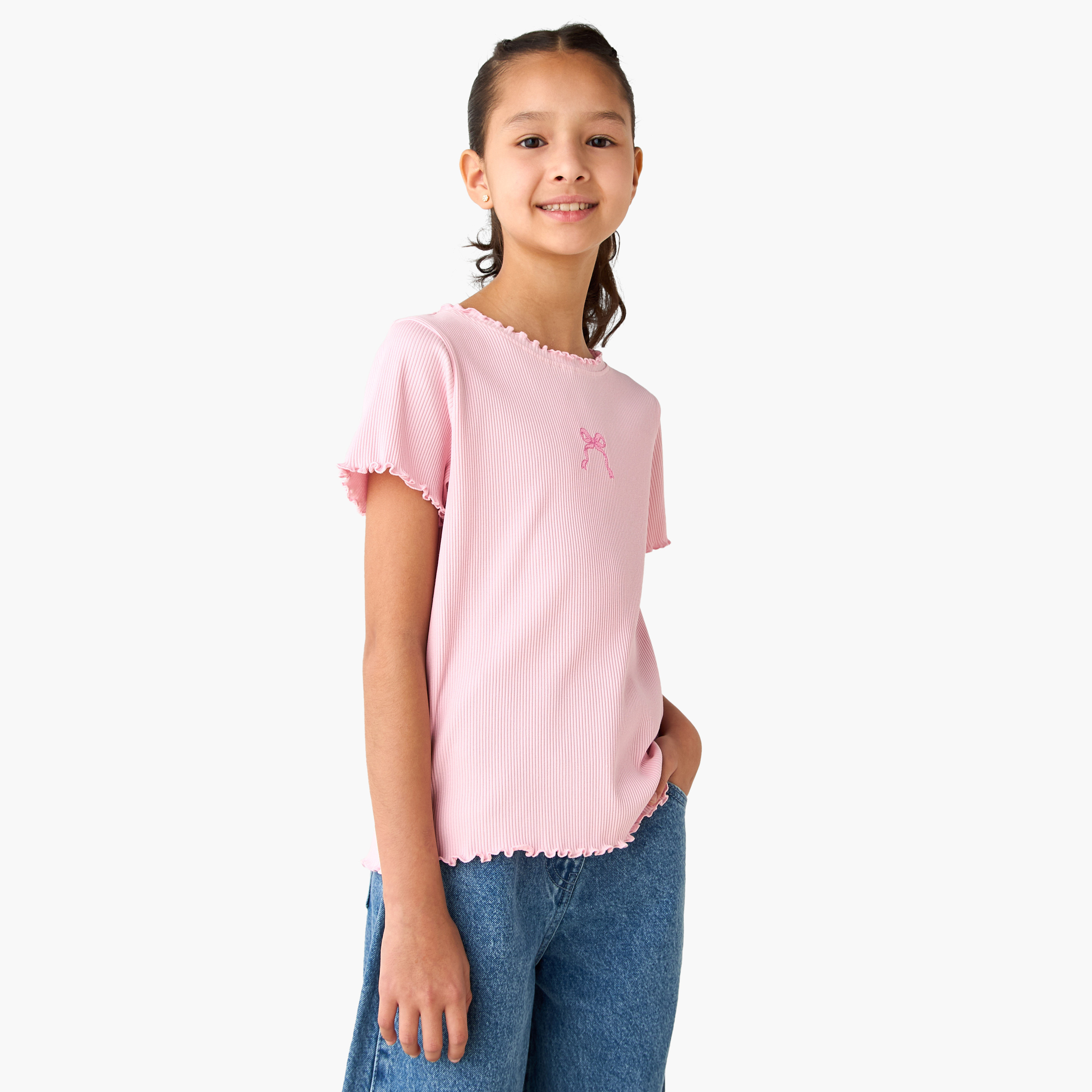 Juniors Crew Neck Short Sleeves T-shirt with Ribbed Design and Lettuce Hem-girls-clothing-tshirts-image-1