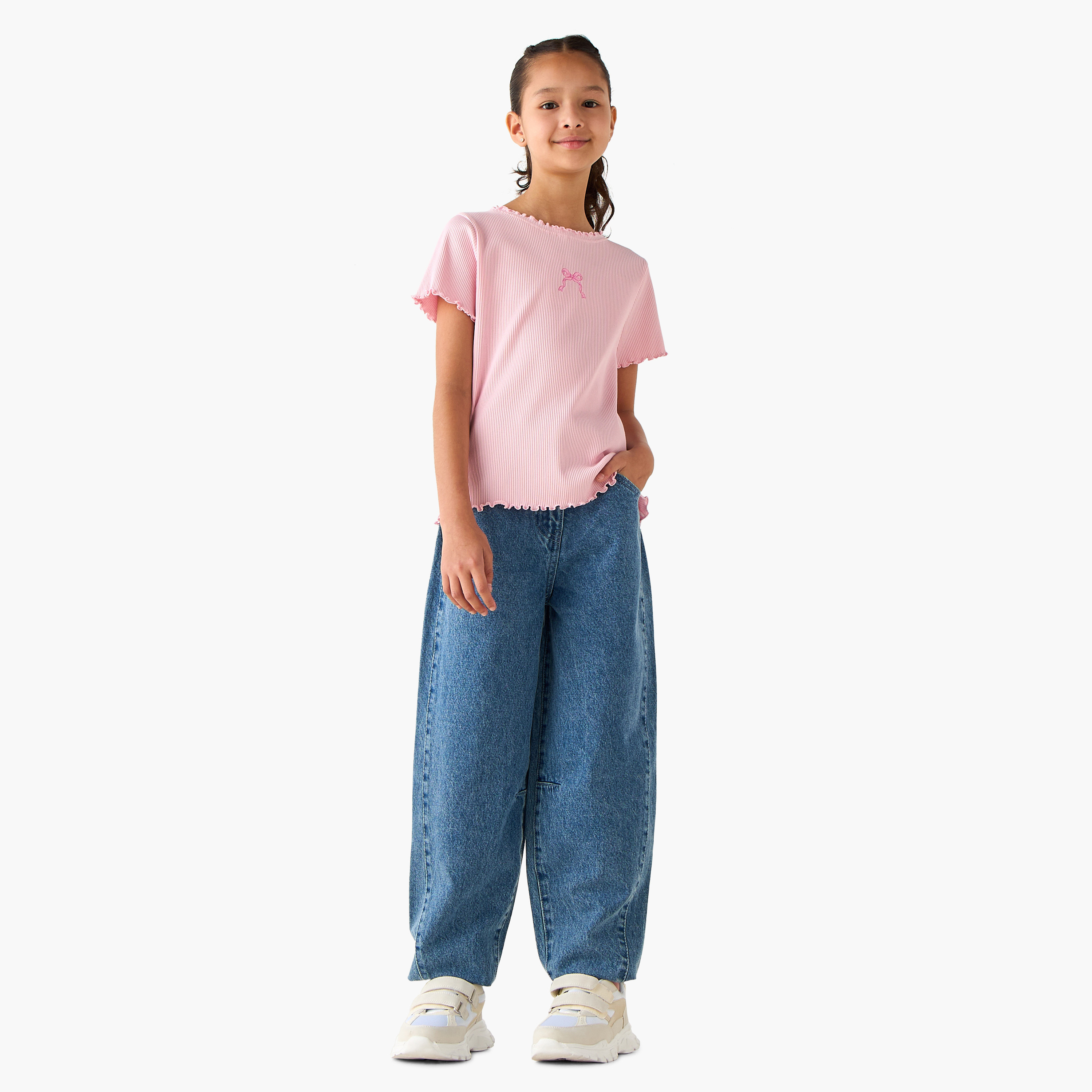 Juniors Crew Neck Short Sleeves T-shirt with Ribbed Design and Lettuce Hem-girls-clothing-tshirts-image-2