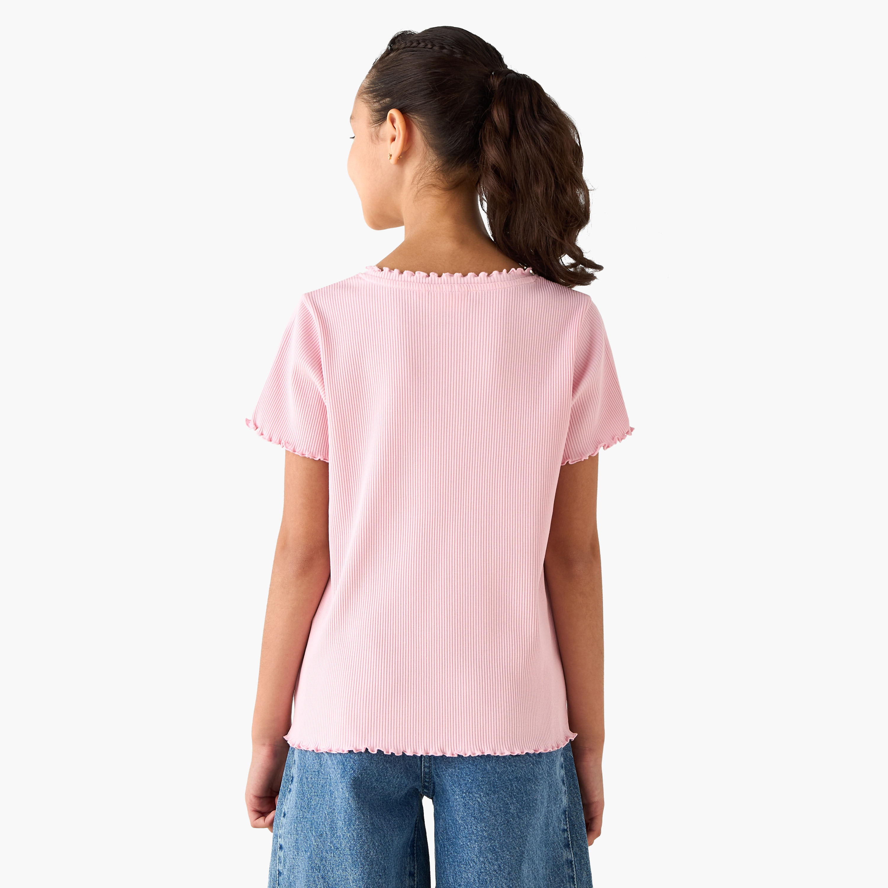 Juniors Crew Neck Short Sleeves T-shirt with Ribbed Design and Lettuce Hem-girls-clothing-tshirts-image-3
