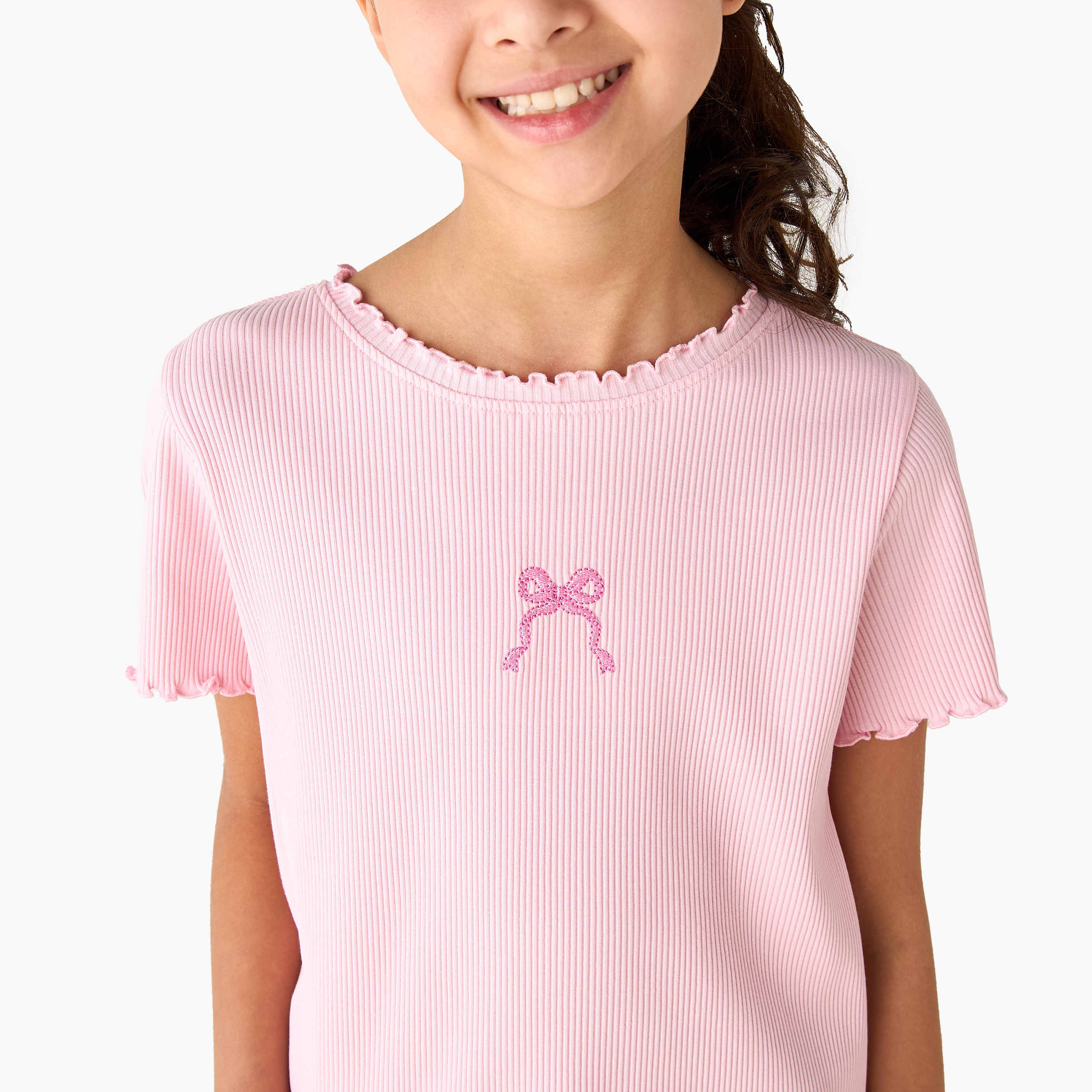 Juniors Crew Neck Short Sleeves T-shirt with Ribbed Design and Lettuce Hem-girls-clothing-tshirts-image-4