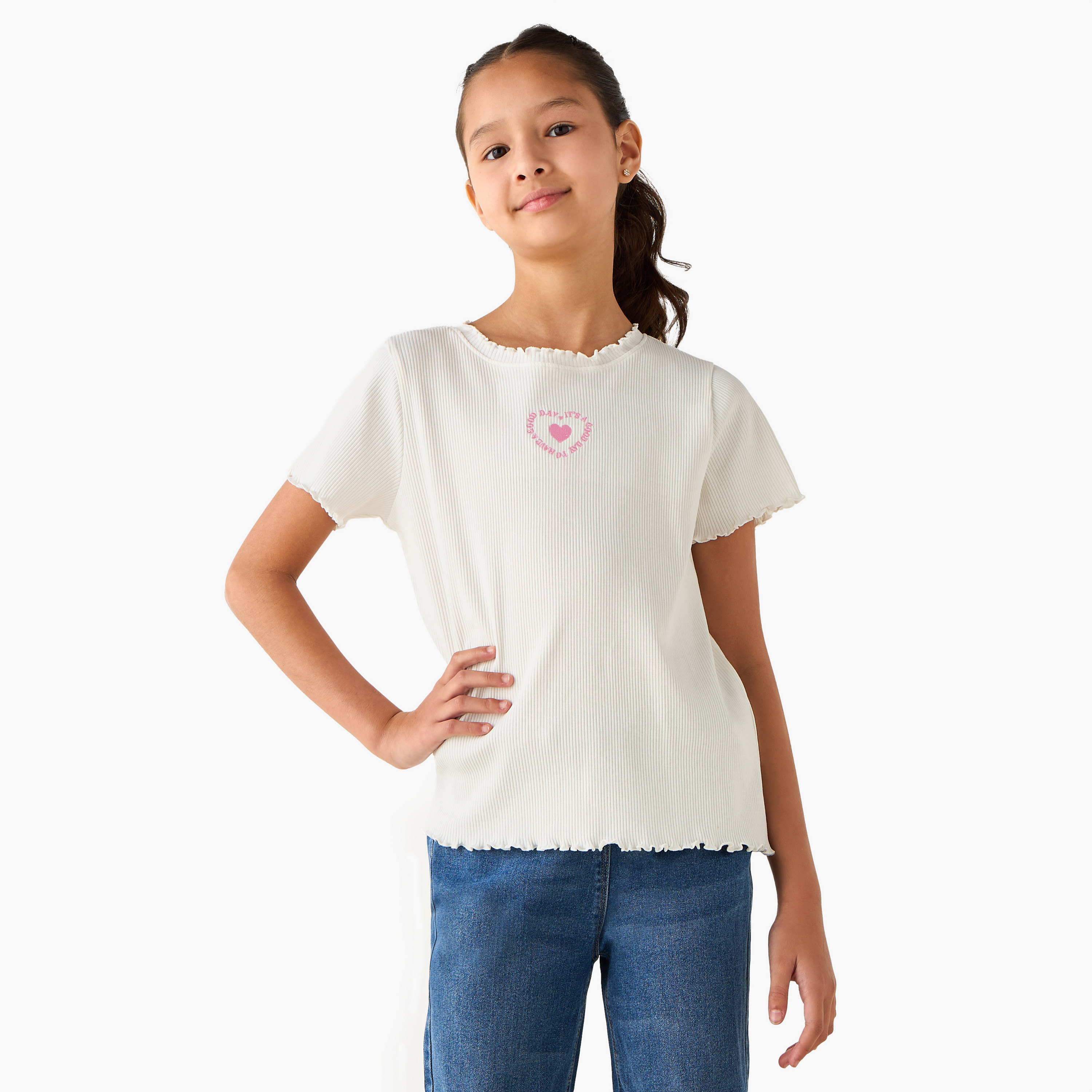 Juniors Crew Neck Short Sleeves T-shirt with Ribbed Design and Heart Embroidery-girls-clothing-tshirts-image-1