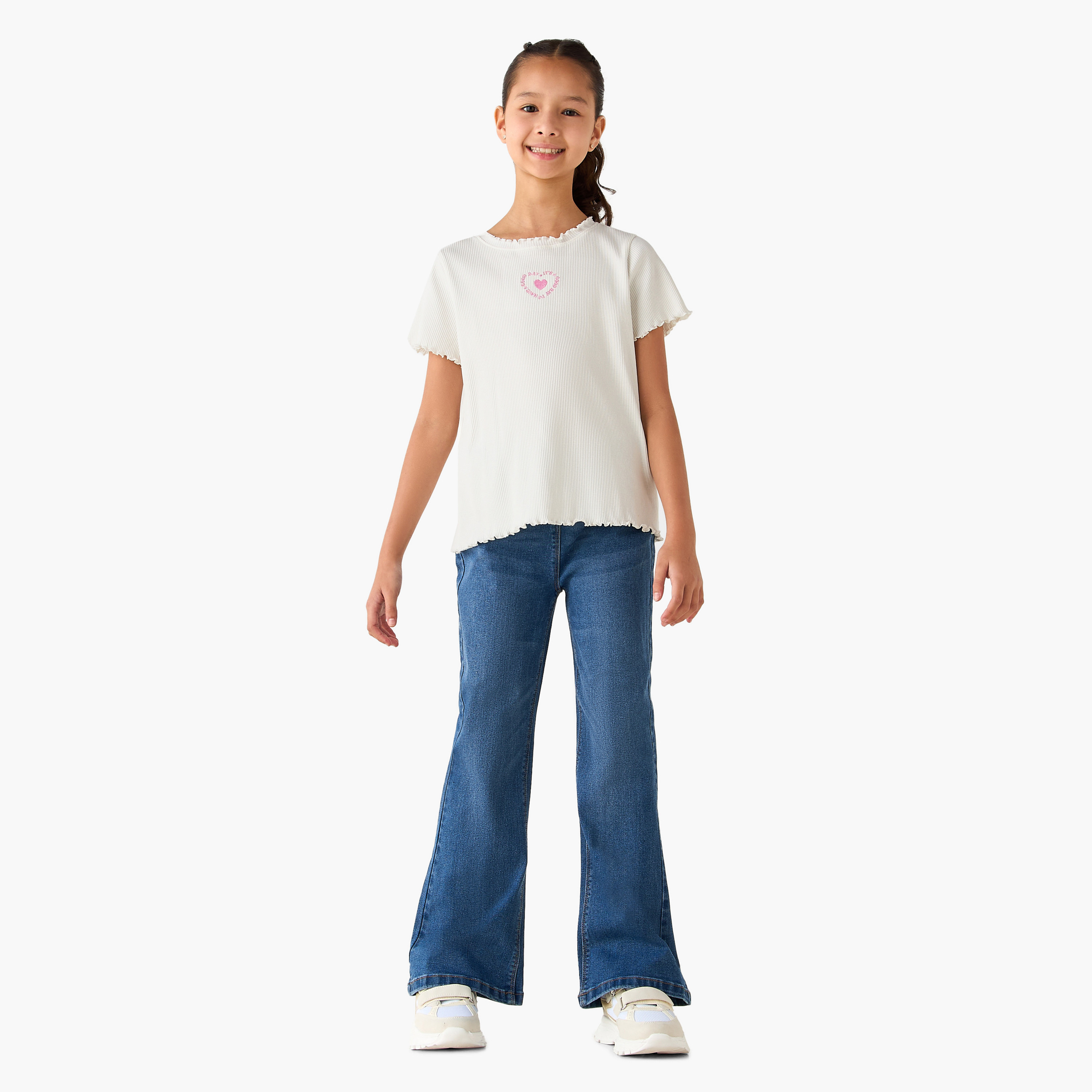 Juniors Crew Neck Short Sleeves T-shirt with Ribbed Design and Heart Embroidery-girls-clothing-tshirts-image-2