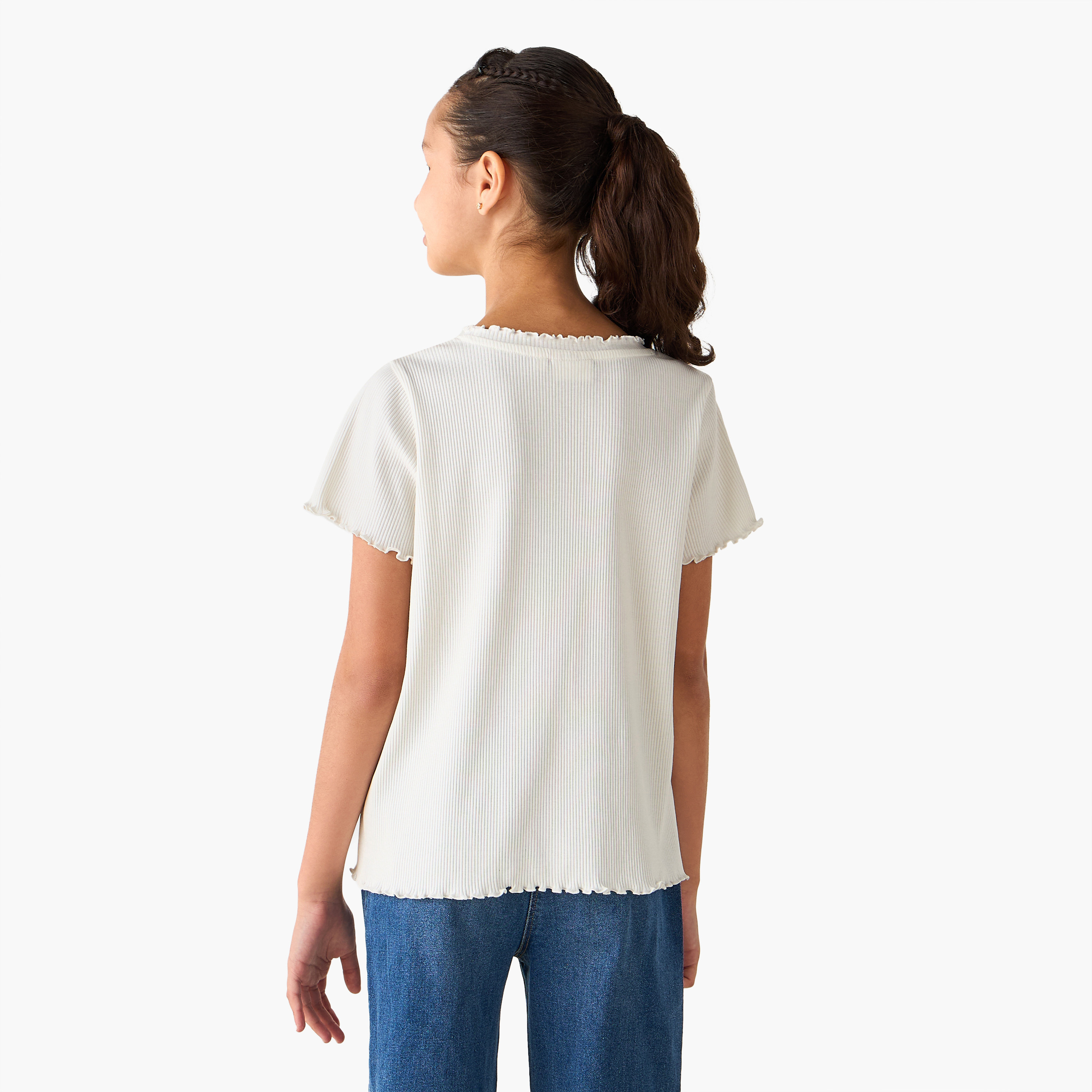 Juniors Crew Neck Short Sleeves T-shirt with Ribbed Design and Heart Embroidery-girls-clothing-tshirts-image-3