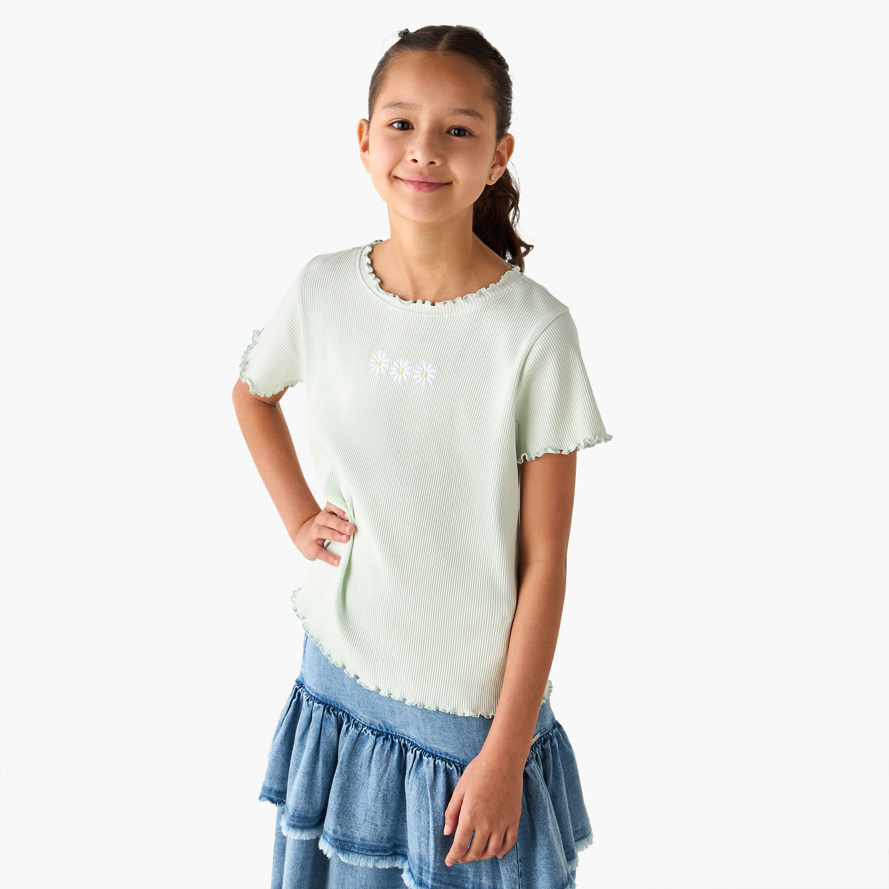 Juniors Crew Neck Short Sleeves T-shirt with Ribbed Design and Floral Embroidery-girls-clothing-tshirts-image-1
