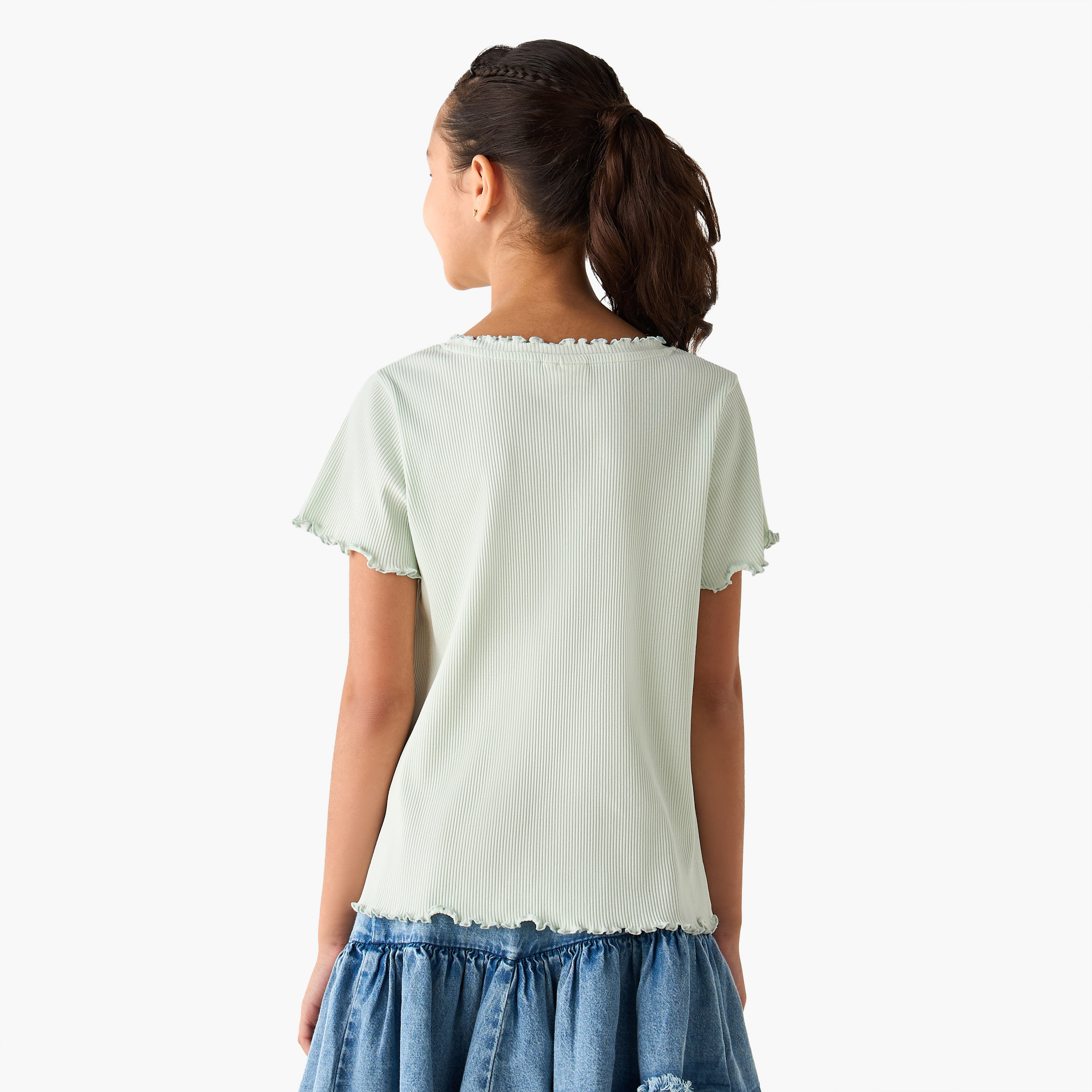 Juniors Crew Neck Short Sleeves T-shirt with Ribbed Design and Floral Embroidery-girls-clothing-tshirts-image-3