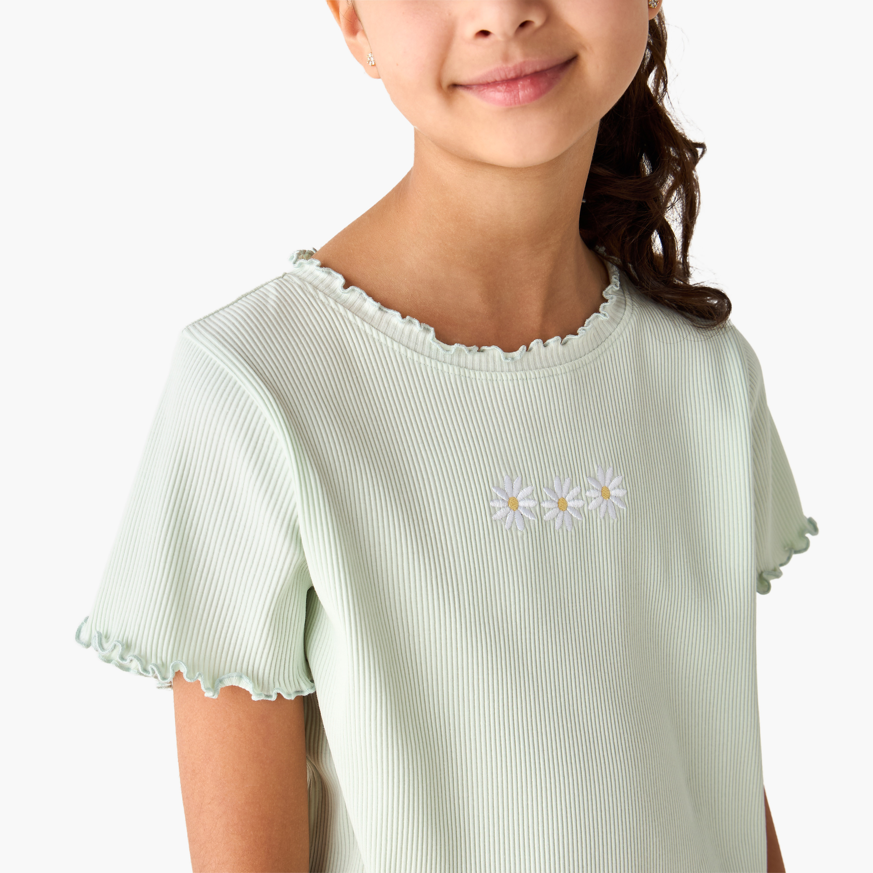 Juniors Crew Neck Short Sleeves T-shirt with Ribbed Design and Floral Embroidery-girls-clothing-tshirts-image-4