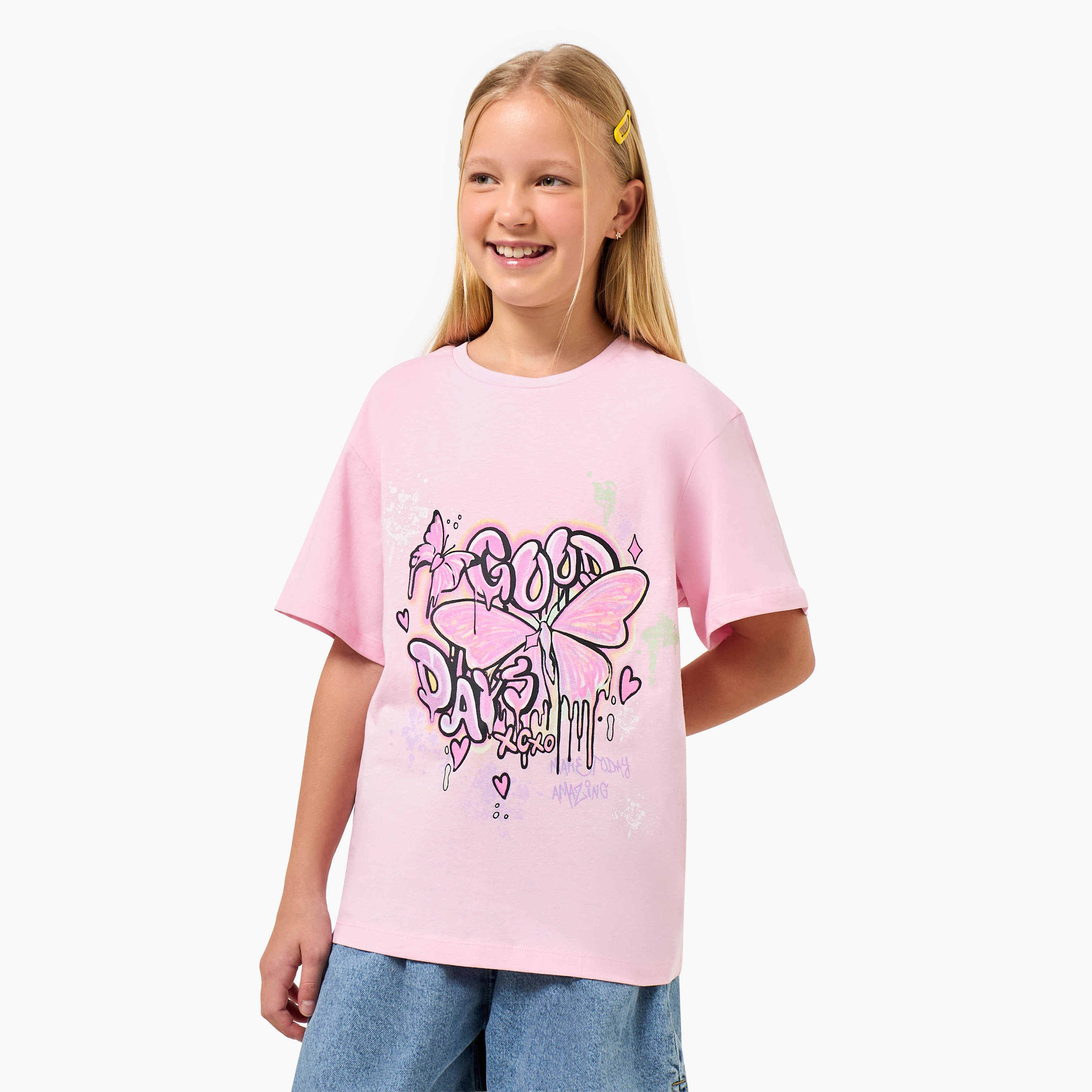 Juniors Crew Neck Short Sleeves T-shirt with Graphic Print-girls-clothing-tshirts-image-1