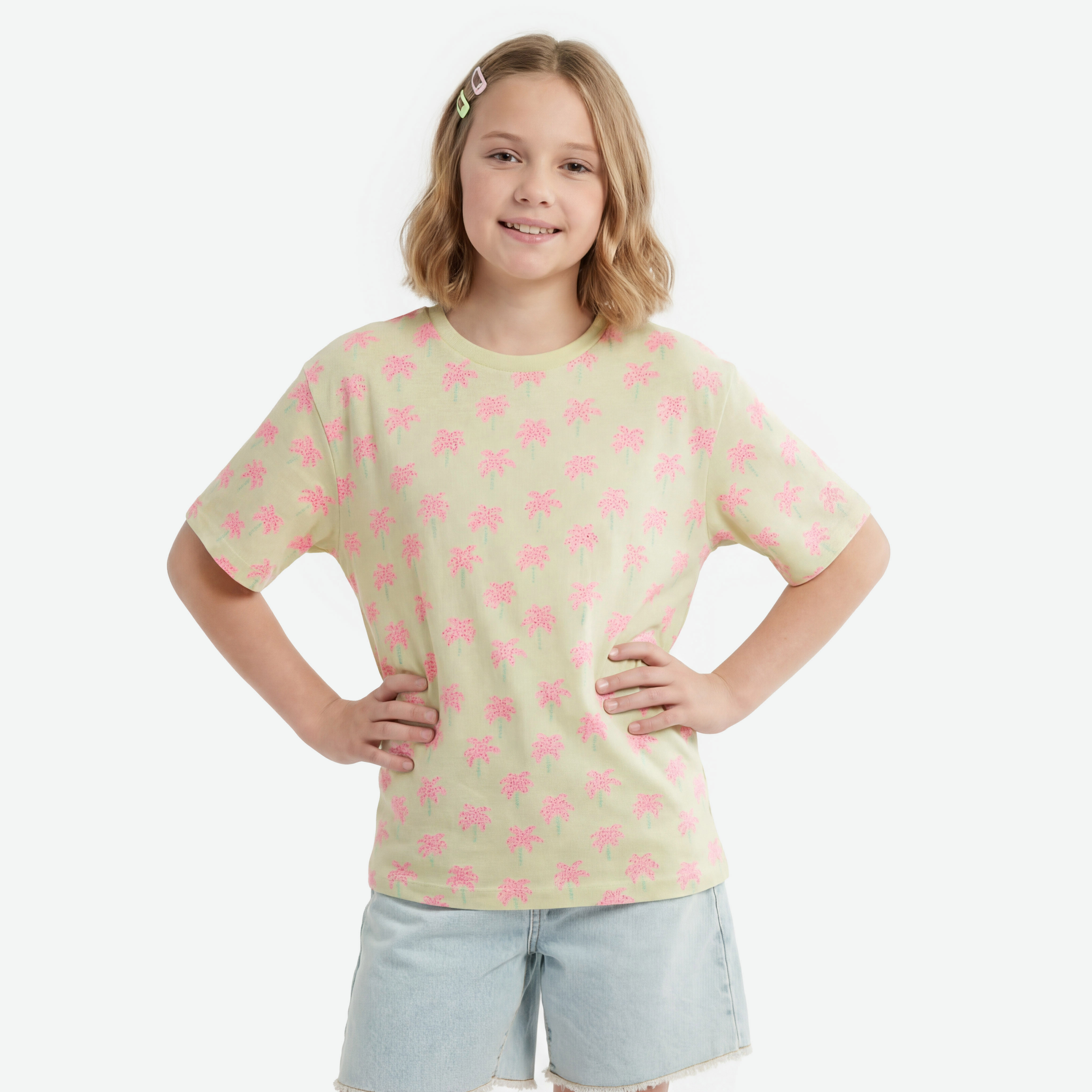 Juniors Crew Neck Short Sleeves T-shirt with Palm Tree Print-girls-clothing-tshirts-image-1