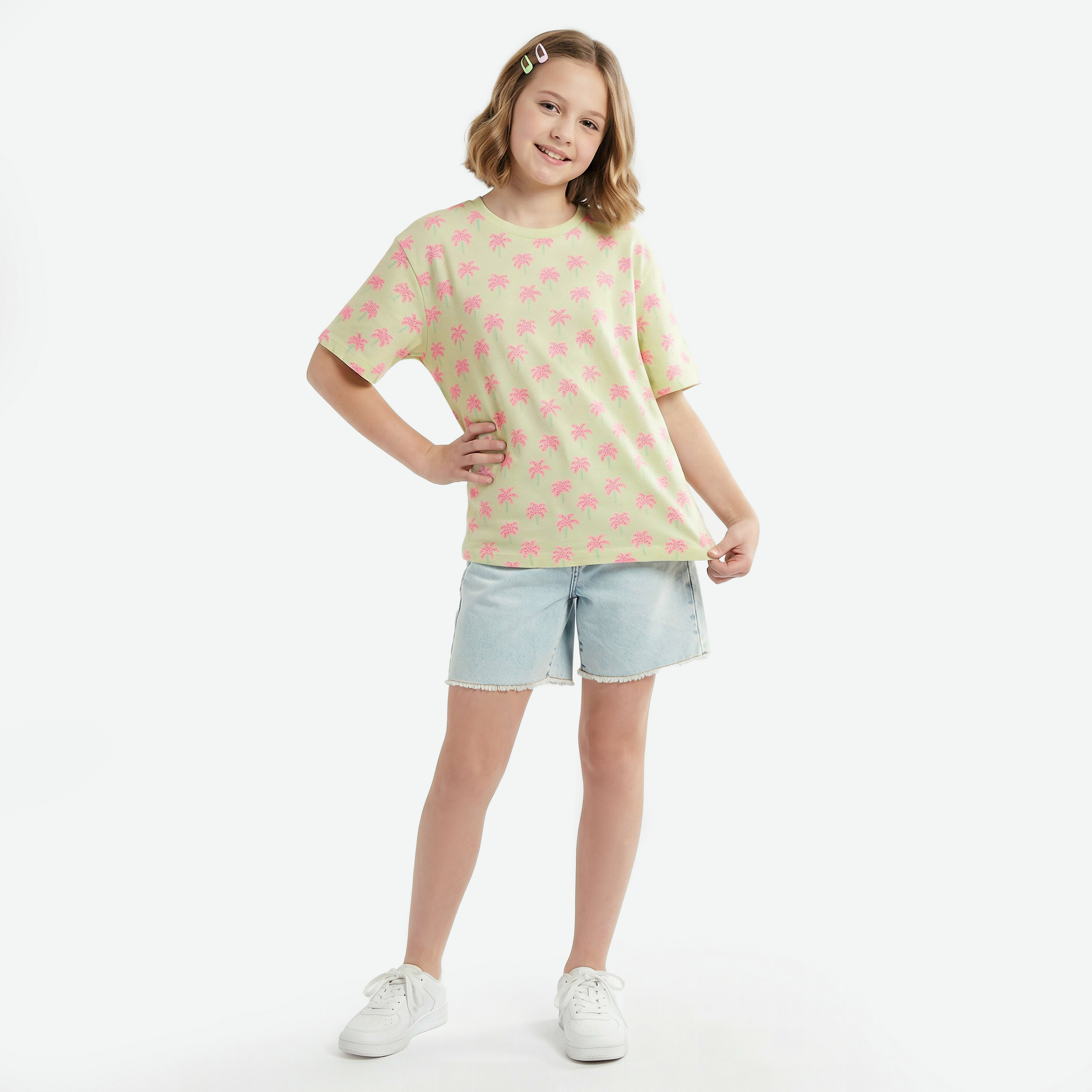 Juniors Crew Neck Short Sleeves T-shirt with Palm Tree Print-girls-clothing-tshirts-image-2