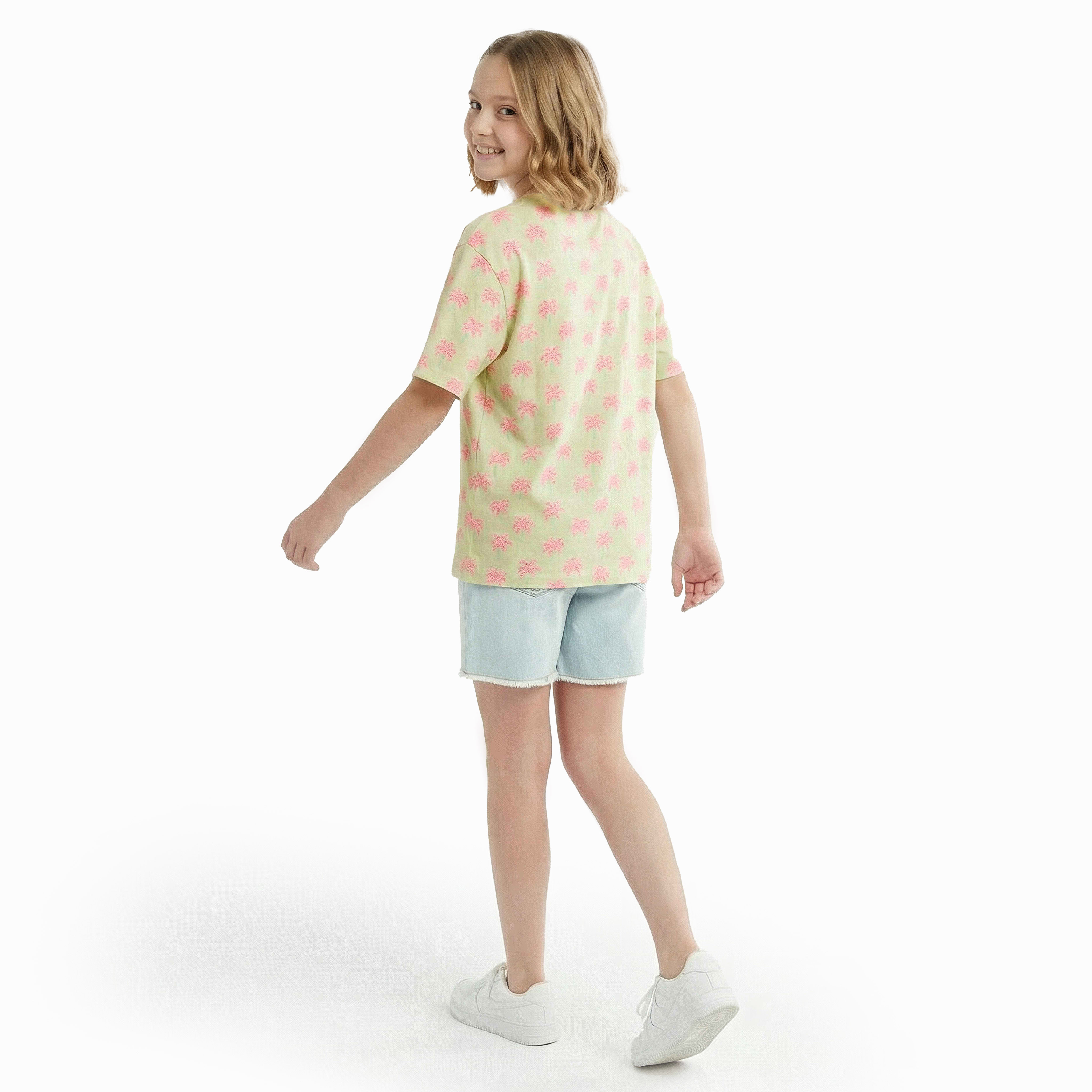 Juniors Crew Neck Short Sleeves T-shirt with Palm Tree Print-girls-clothing-tshirts-image-3