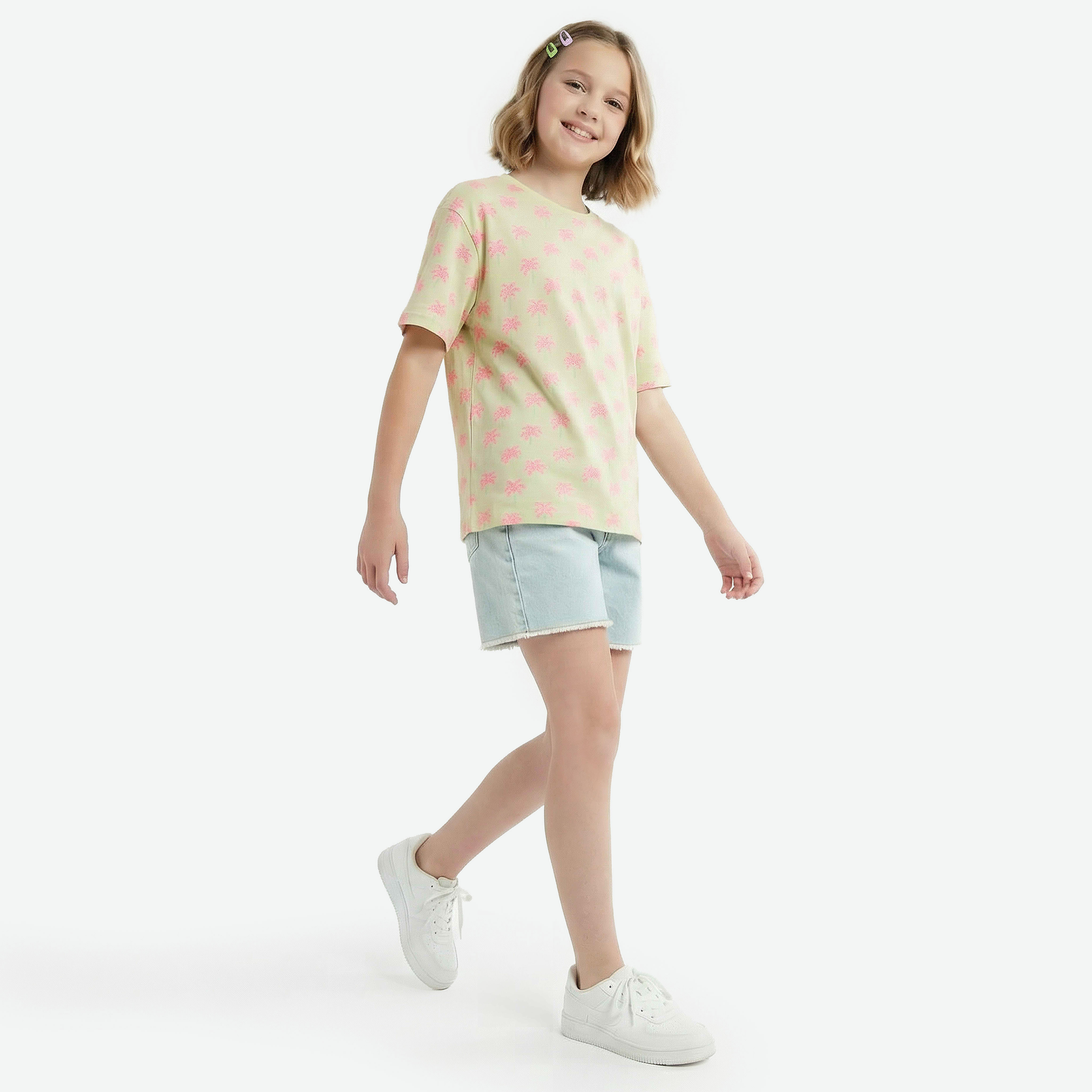 Juniors Crew Neck Short Sleeves T-shirt with Palm Tree Print-girls-clothing-tshirts-image-5
