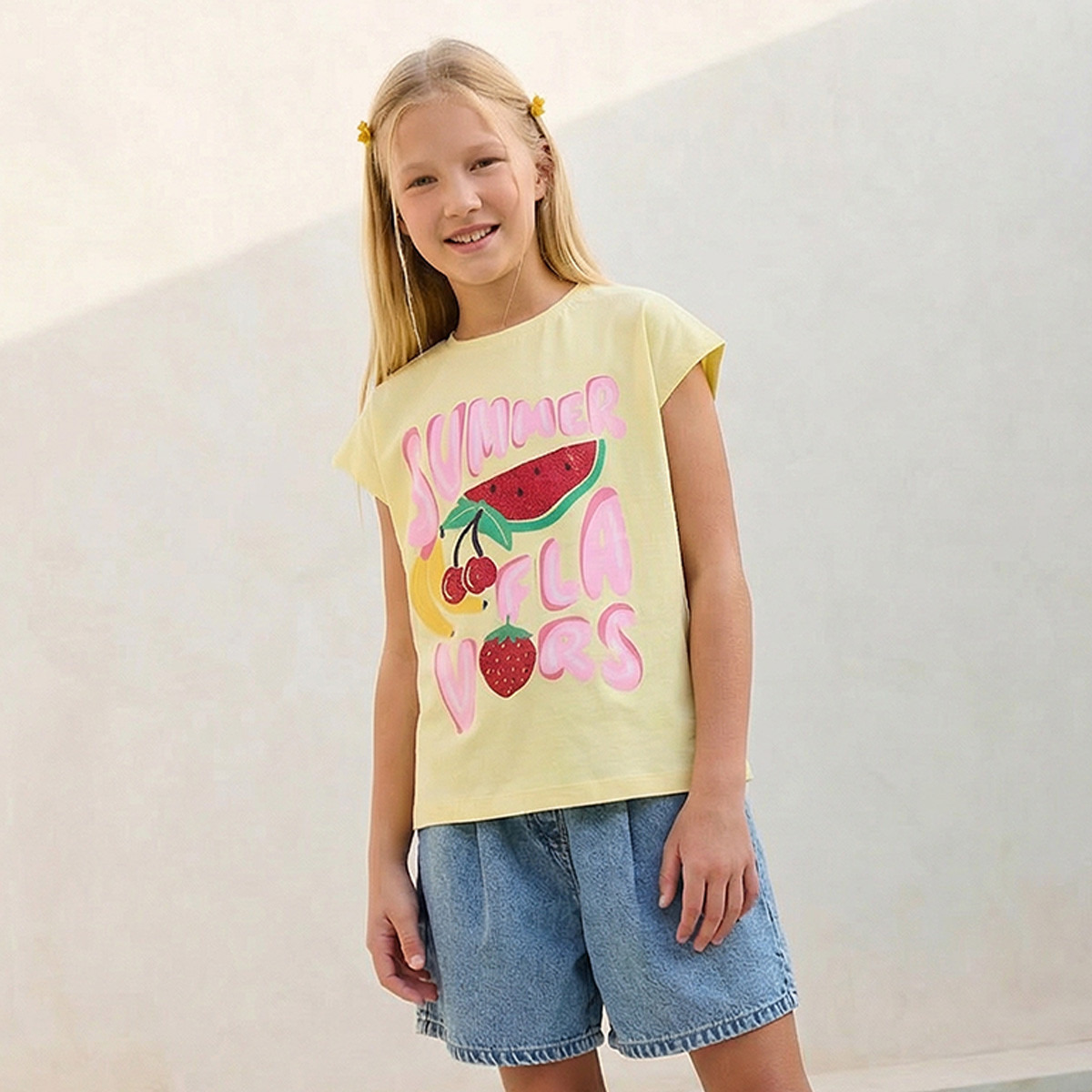 Juniors Crew Neck Short Sleeves T-shirt with Fruit Glitter Print-girls-clothing-tshirts-image-1