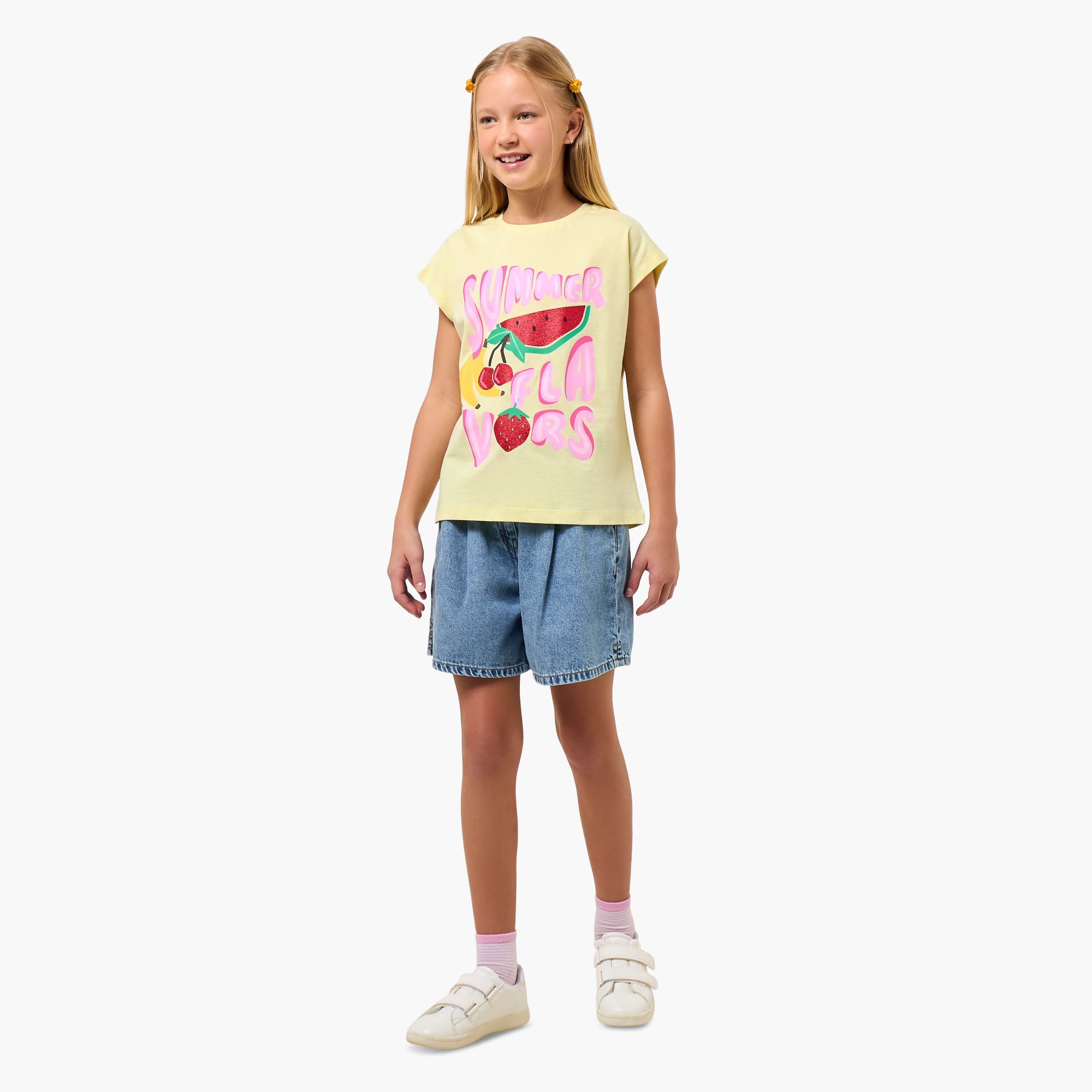 Juniors Crew Neck Short Sleeves T-shirt with Fruit Glitter Print-girls-clothing-tshirts-image-2