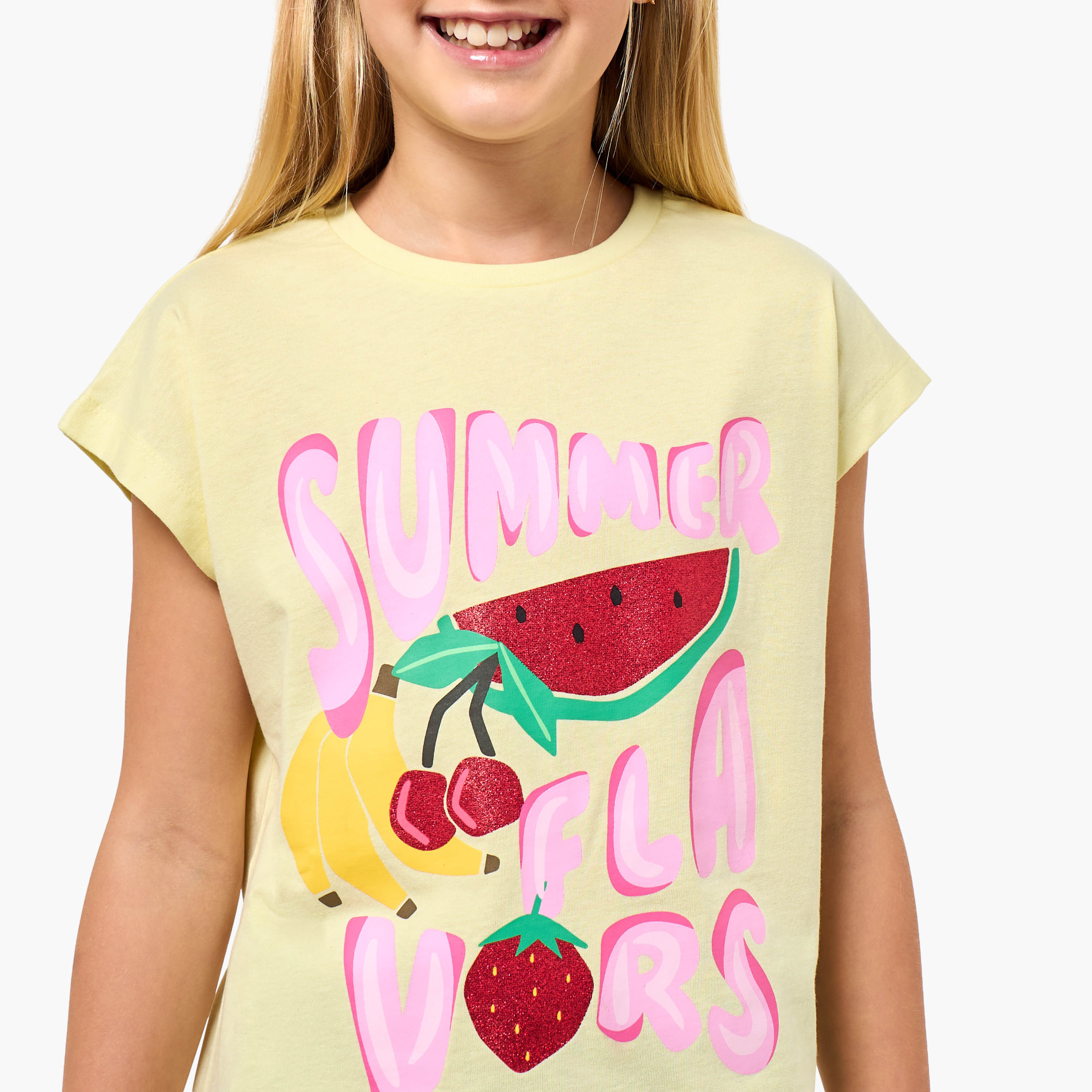 Juniors Crew Neck Short Sleeves T-shirt with Fruit Glitter Print-girls-clothing-tshirts-image-4