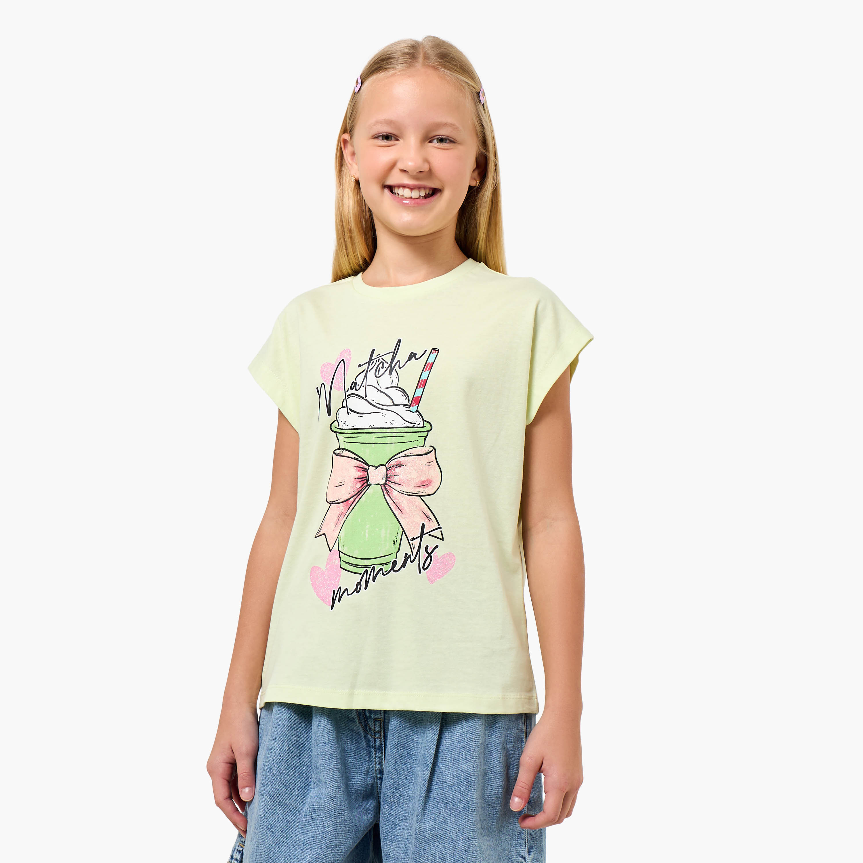 Juniors Crew Neck Cap Sleeves T-shirt with Matcha Print-girls-clothing-tshirts-image-1
