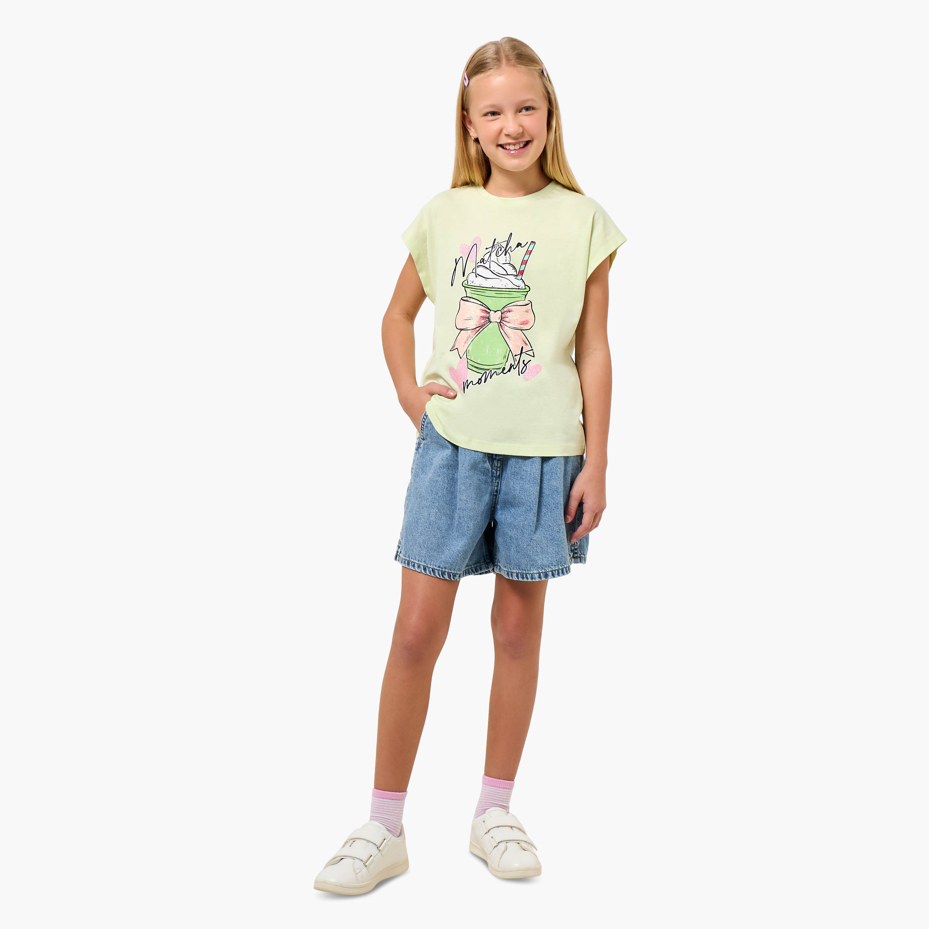 Juniors Crew Neck Cap Sleeves T-shirt with Matcha Print-girls-clothing-tshirts-image-2